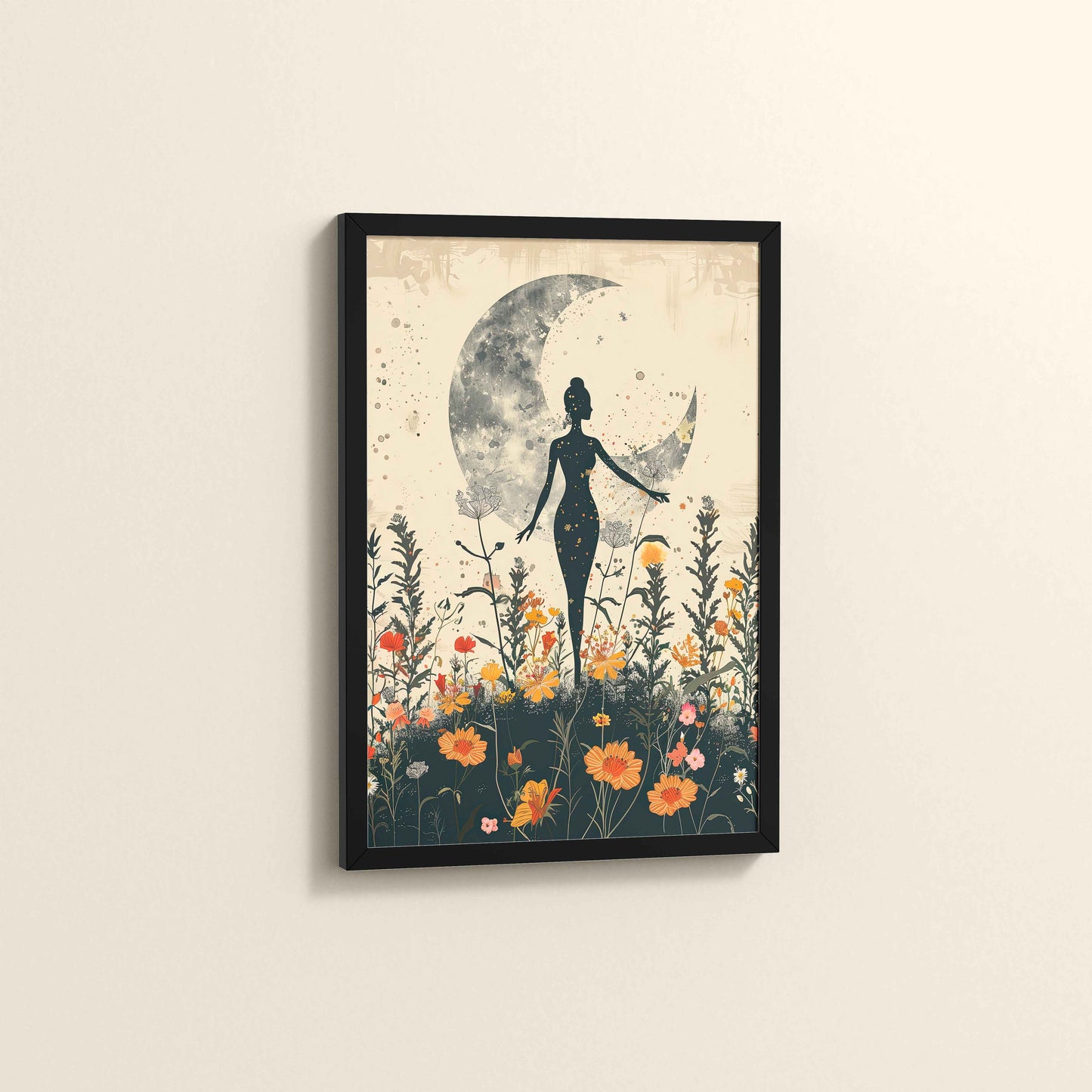 Side View of Flower Moon with Girl – Boho Wall Art & Decor in Black Color Frame
