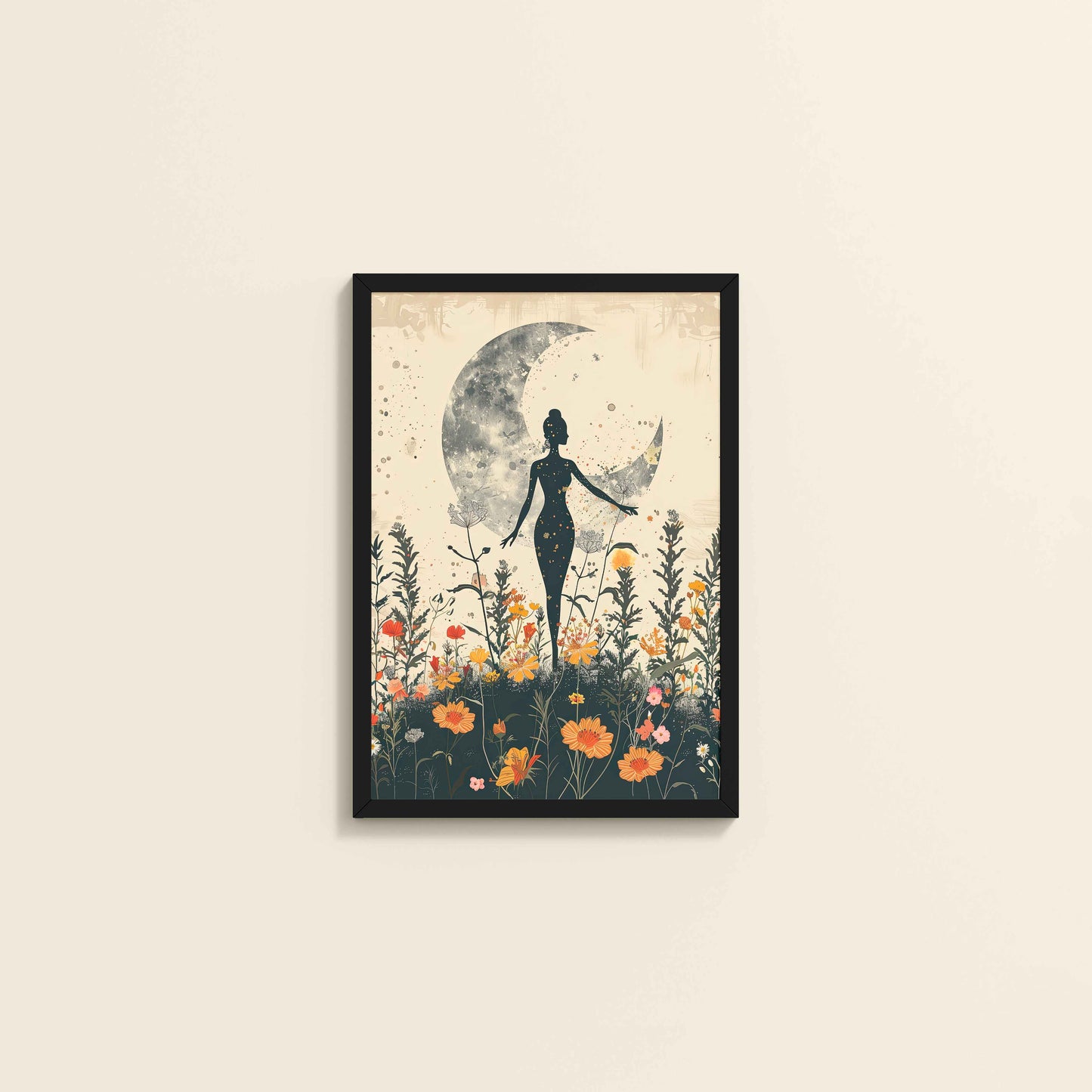 Wall View of Flower Moon with Girl – Boho Wall Art & Decor in Black Color Frame