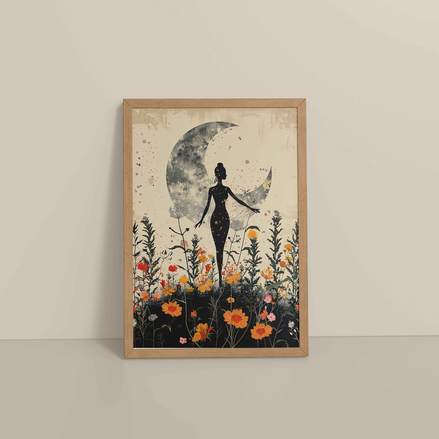 Floor View of Flower Moon with Girl – Boho Wall Art & Decor in Natrual Color Frame