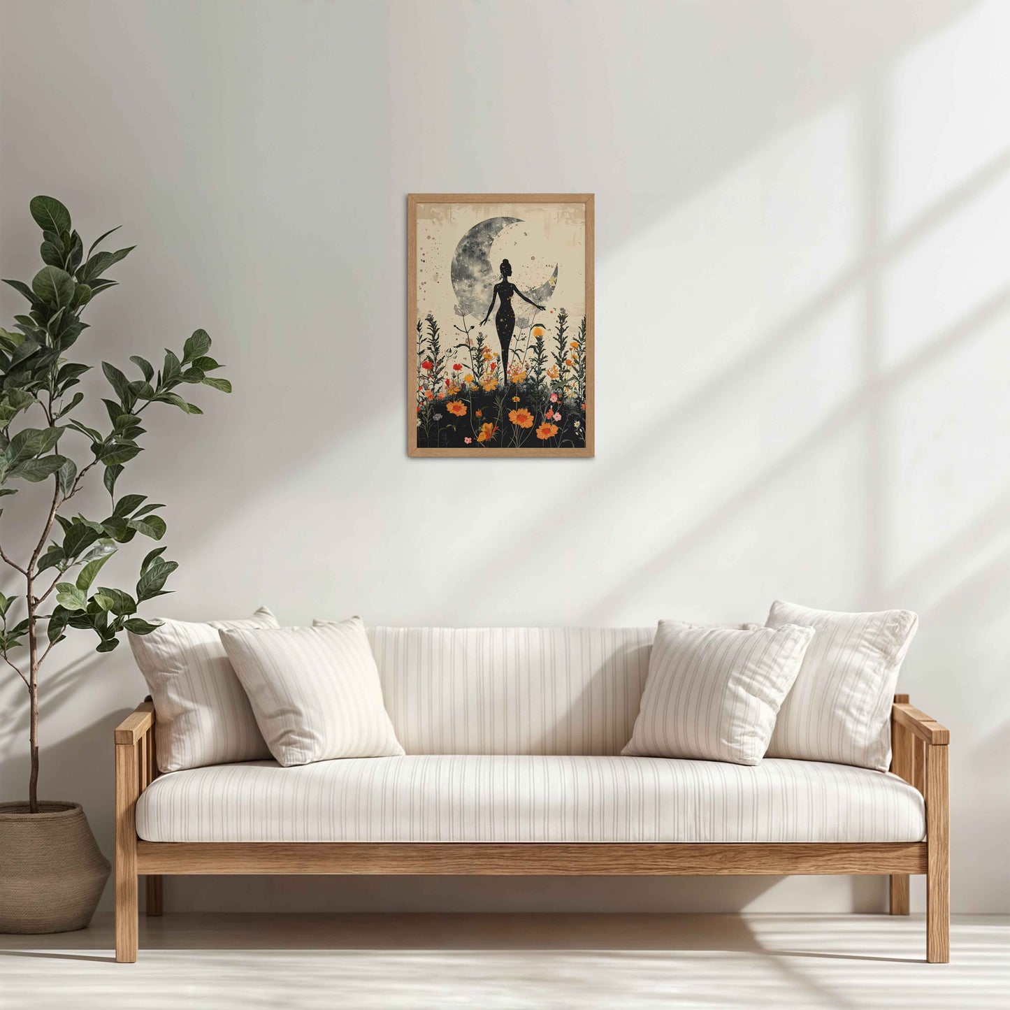 Living Room Cabinet Table Preview of Flower Moon with Girl – Boho Wall Art & Decor in Natrual Color Frame