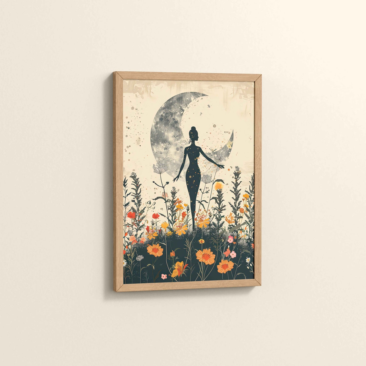 Side View of Flower Moon with Girl – Boho Wall Art & Decor in Natrual Color Frame