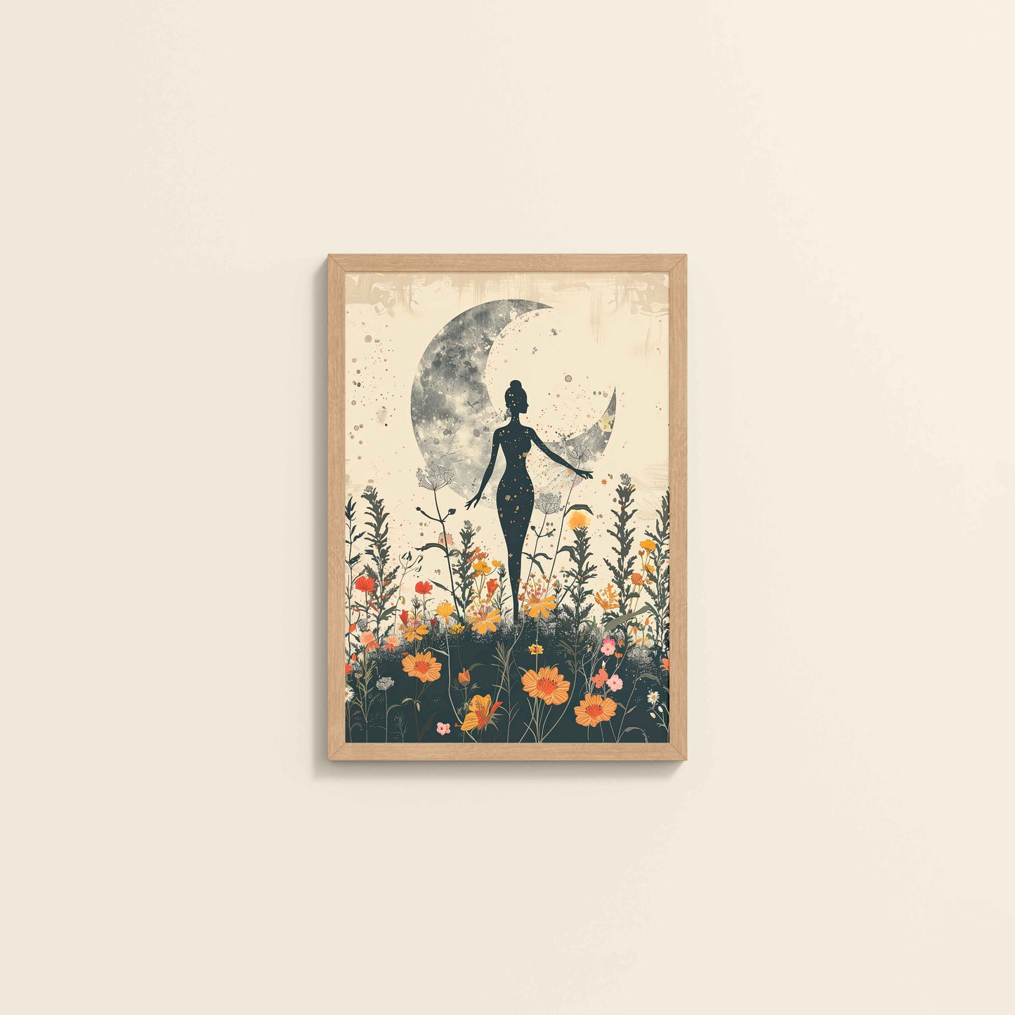 Wall View of Flower Moon with Girl – Boho Wall Art & Decor in Natrual Color Frame