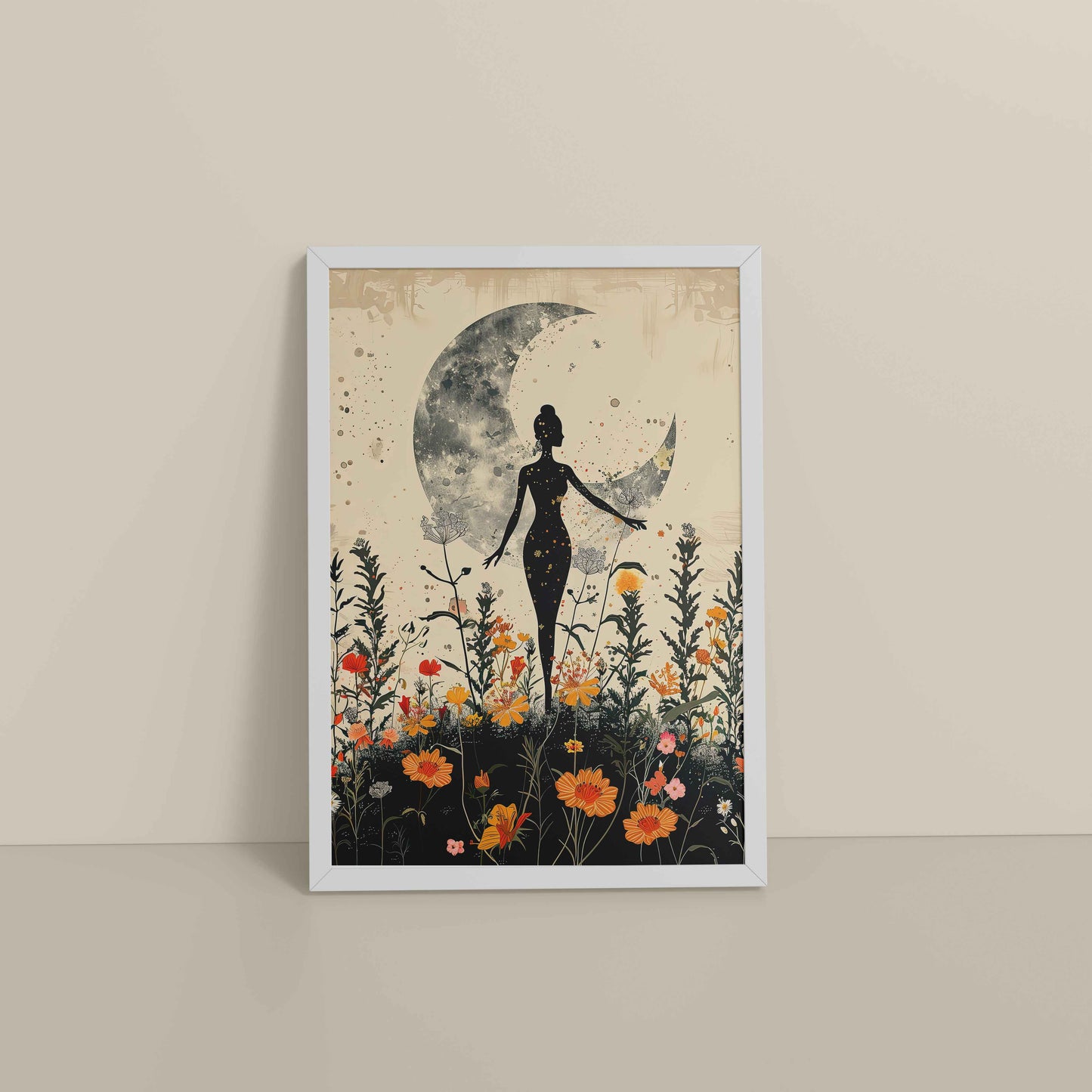 Floor View of Flower Moon with Girl – Boho Wall Art & Decor in White Color Frame