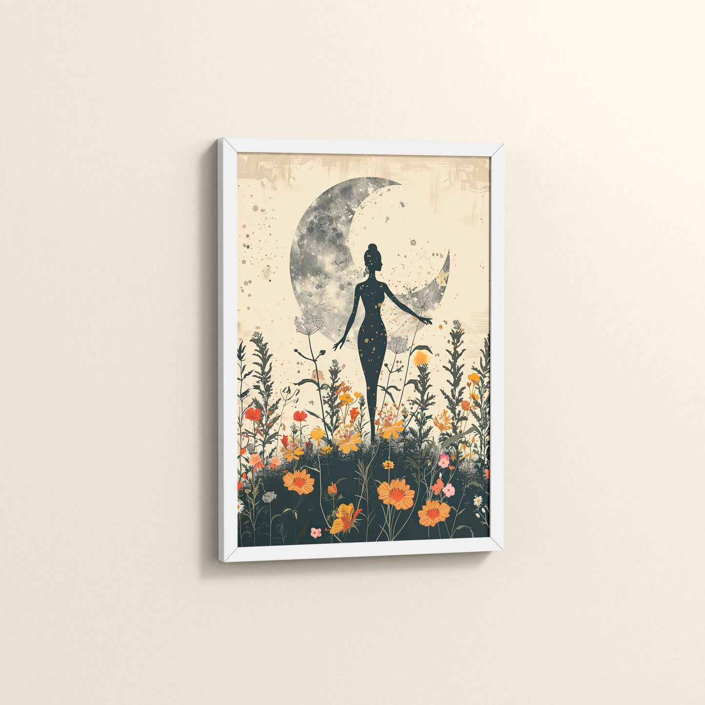 Side View of Flower Moon with Girl – Boho Wall Art & Decor in White Color Frame