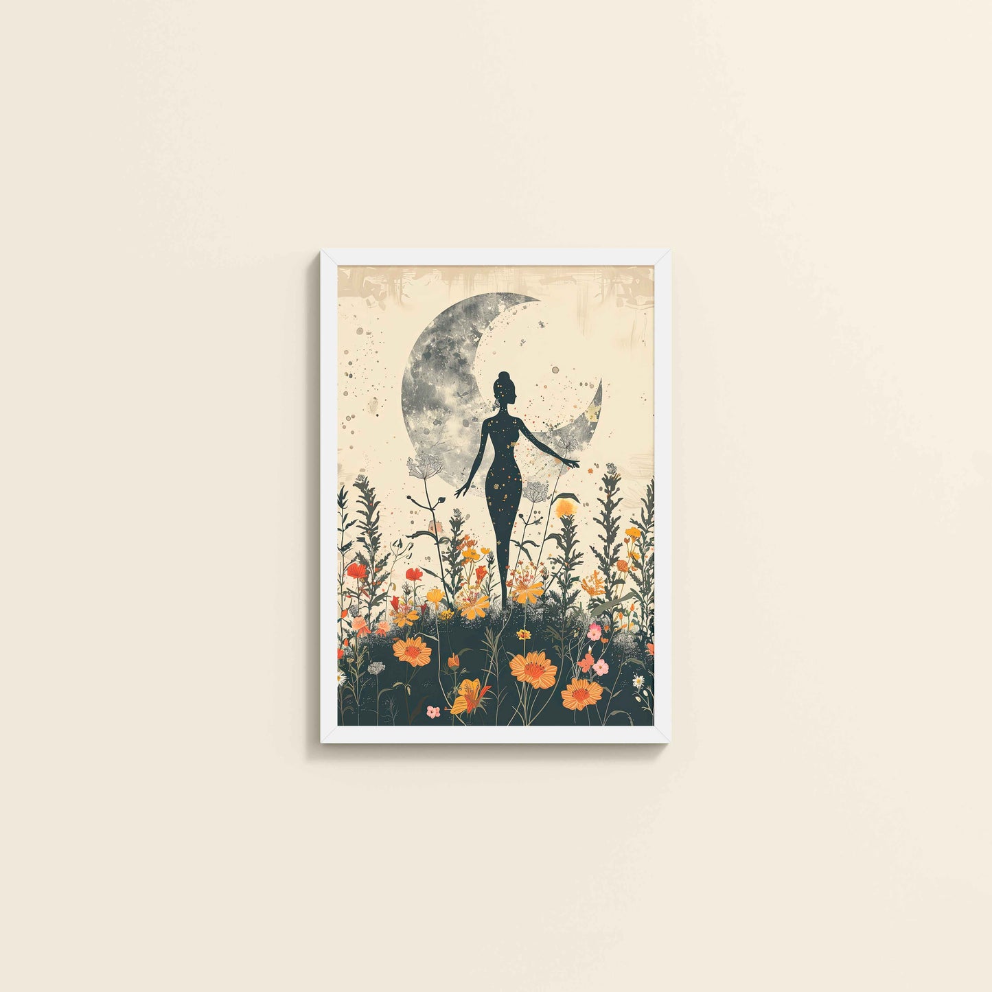 Wall View of Flower Moon with Girl – Boho Wall Art & Decor in White Color Frame
