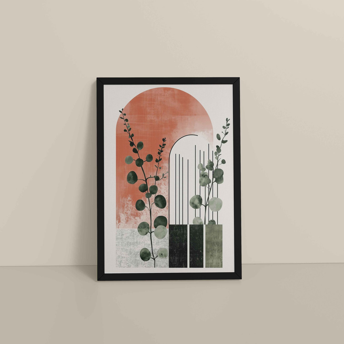 Floor View of Modern Nature – Abstract Botanical Arch Wall Art in Black Color Frame