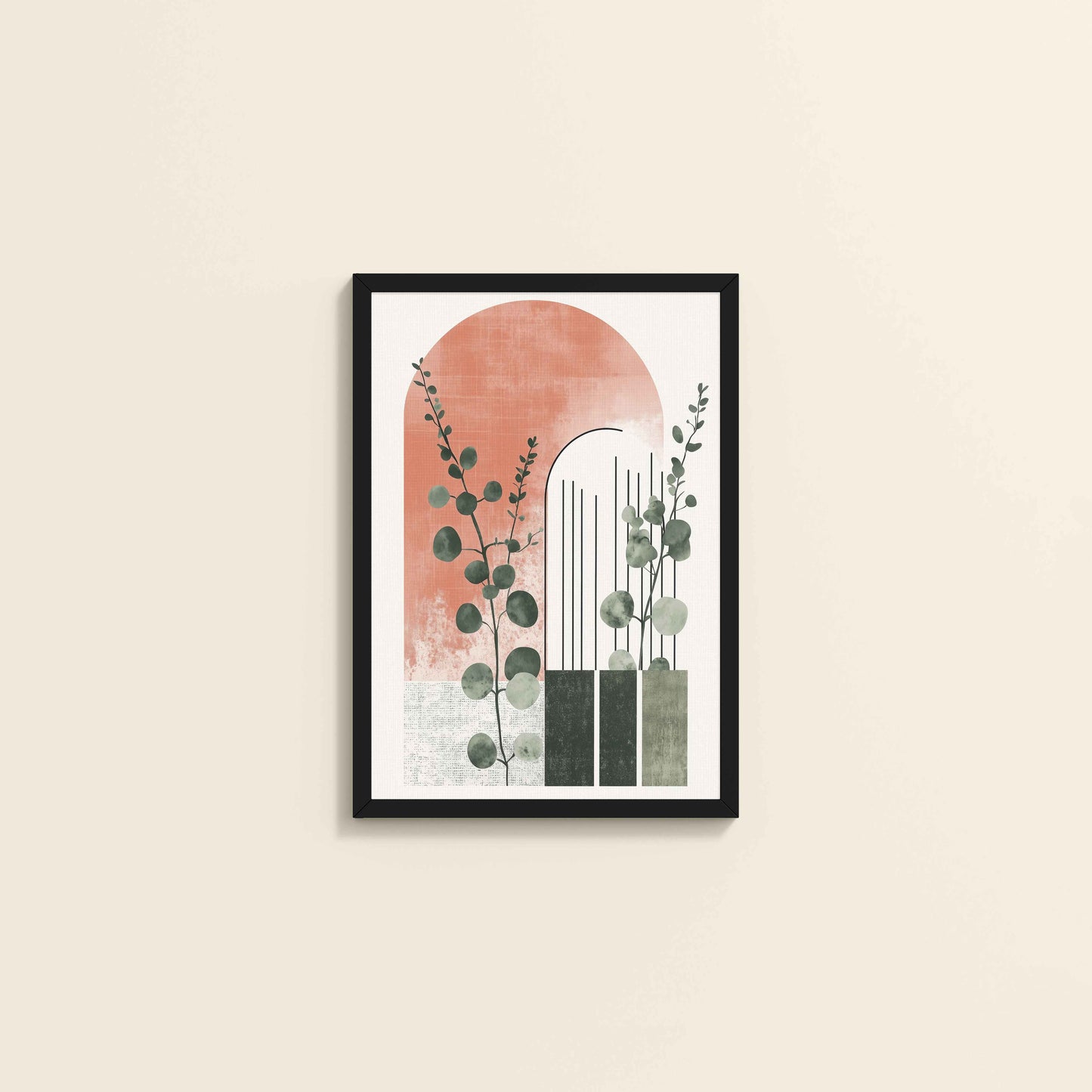 Wall View of Modern Nature – Abstract Botanical Arch Wall Art in Black Color Frame