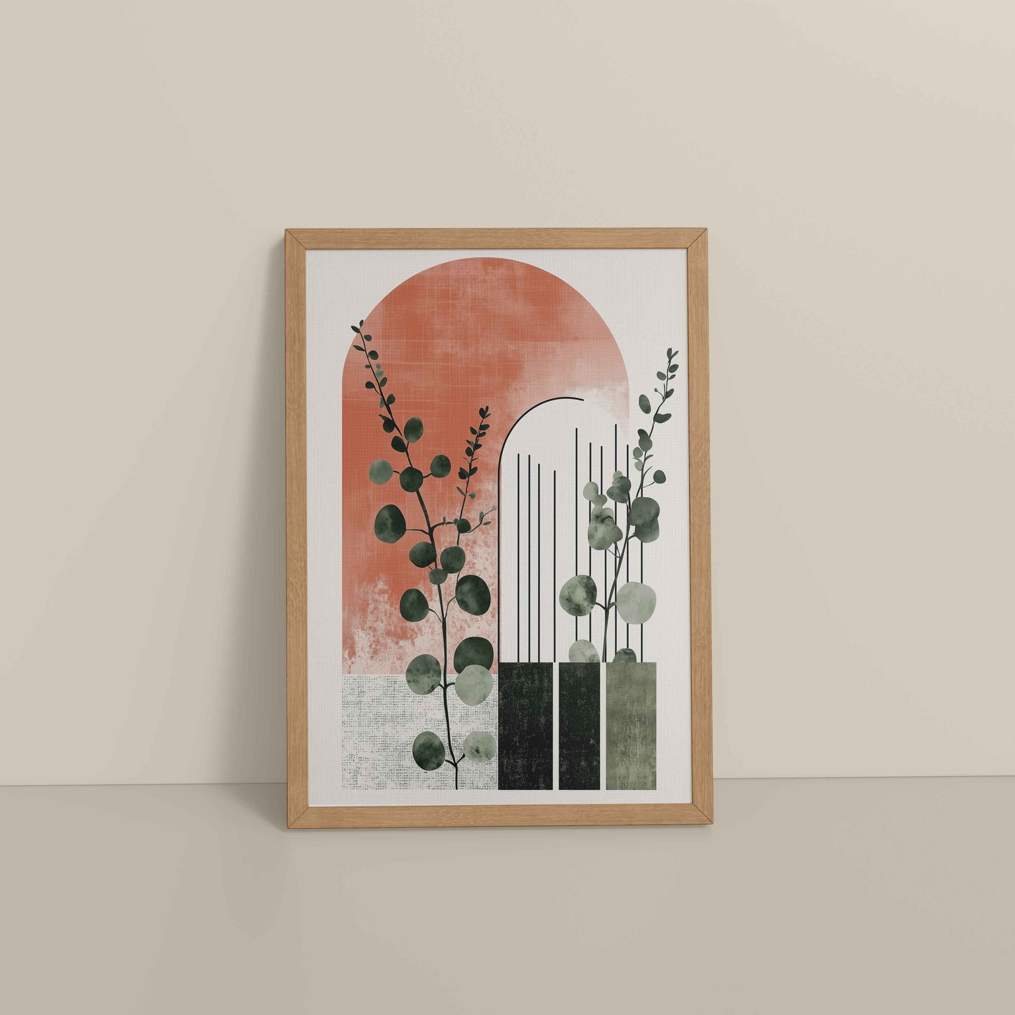 Floor View of Modern Nature – Abstract Botanical Arch Wall Art in Natrual Color Frame