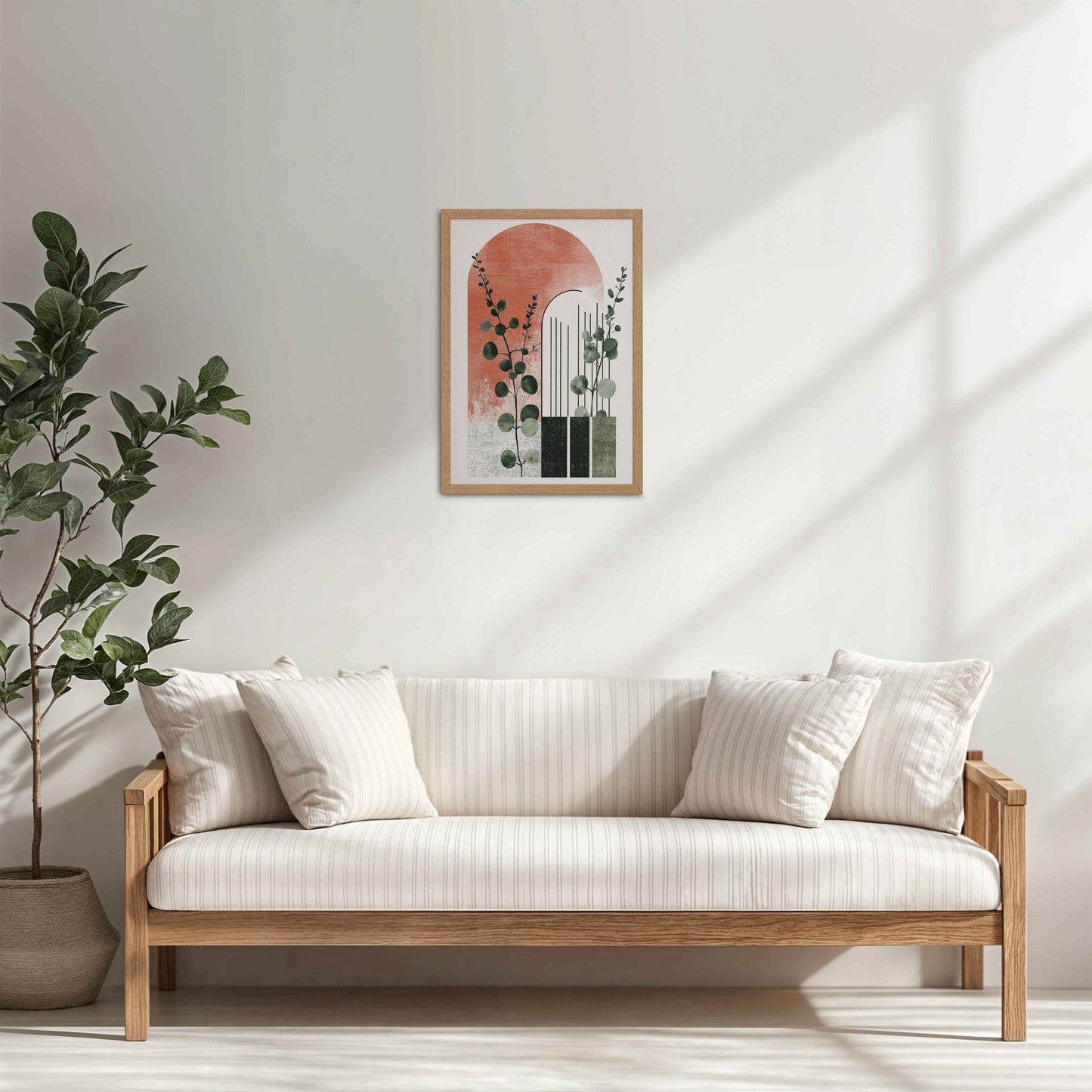 Living Room Cabinet Table Preview of Modern Nature – Abstract Botanical Arch Wall Art in Natrual Color Frame