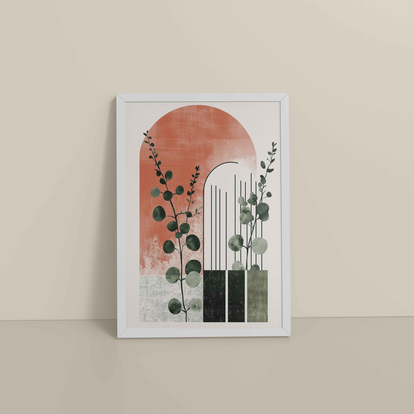 Floor View of Modern Nature – Abstract Botanical Arch Wall Art in White Color Frame