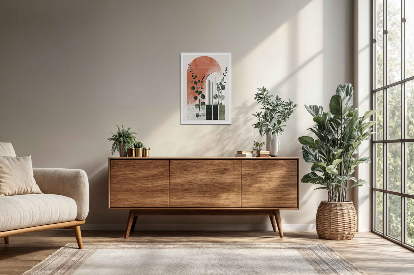 Living Room Cabinet Preview of Modern Nature – Abstract Botanical Arch Wall Art in White Color Frame