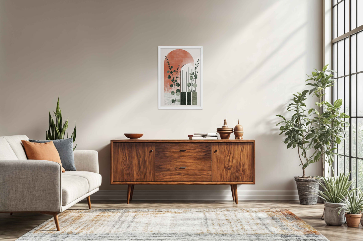 Living Room Sofa Preview of Modern Nature – Abstract Botanical Arch Wall Art in White Color Frame