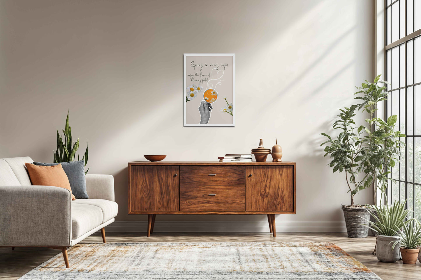 Living Room Sofa Preview of Spring in Every Cup – Floral Wall Art Photo Frame in White Color Frame