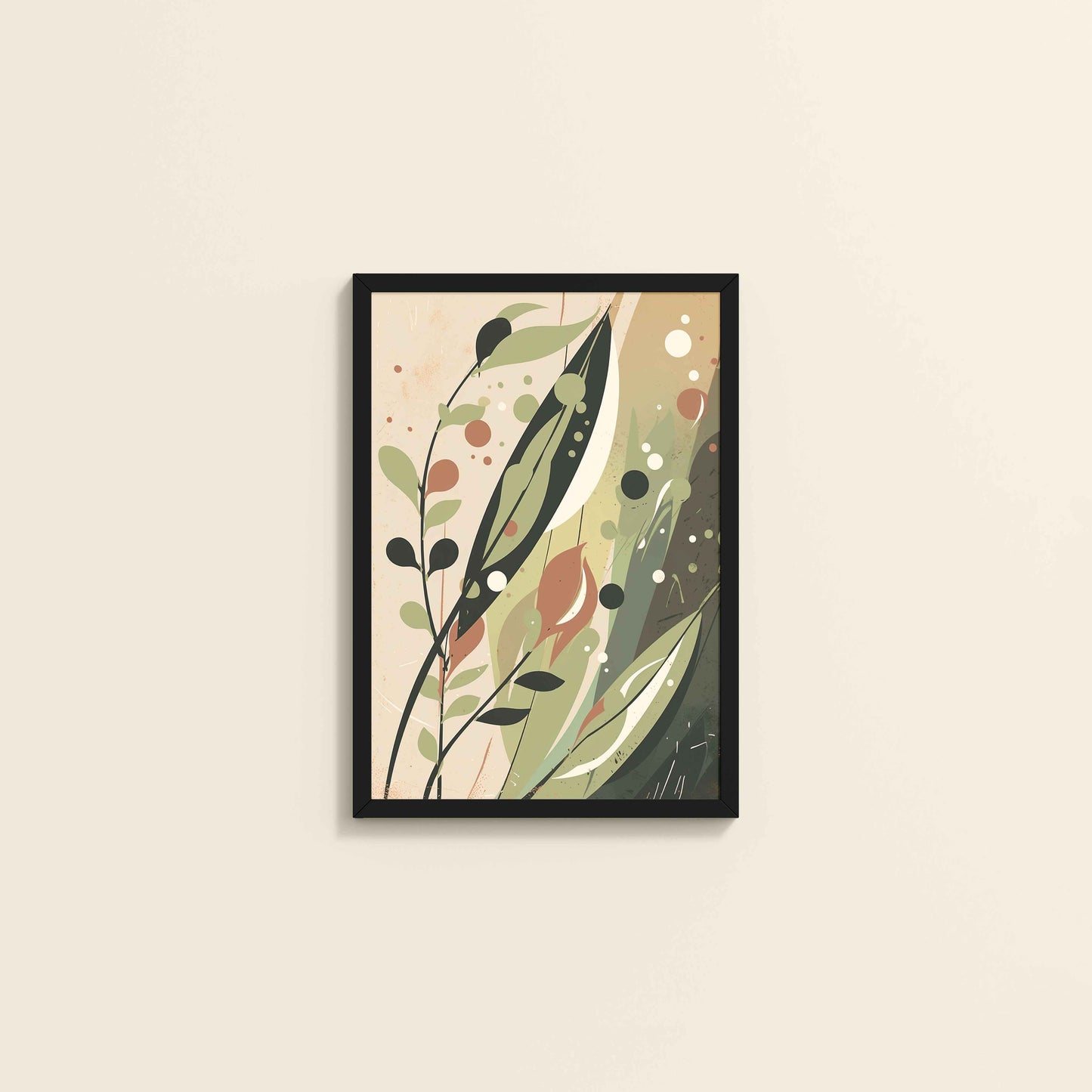 Wall View of Earthy Toned Leaves – Nature & Geometry Wall Art Framed in Black Color Frame