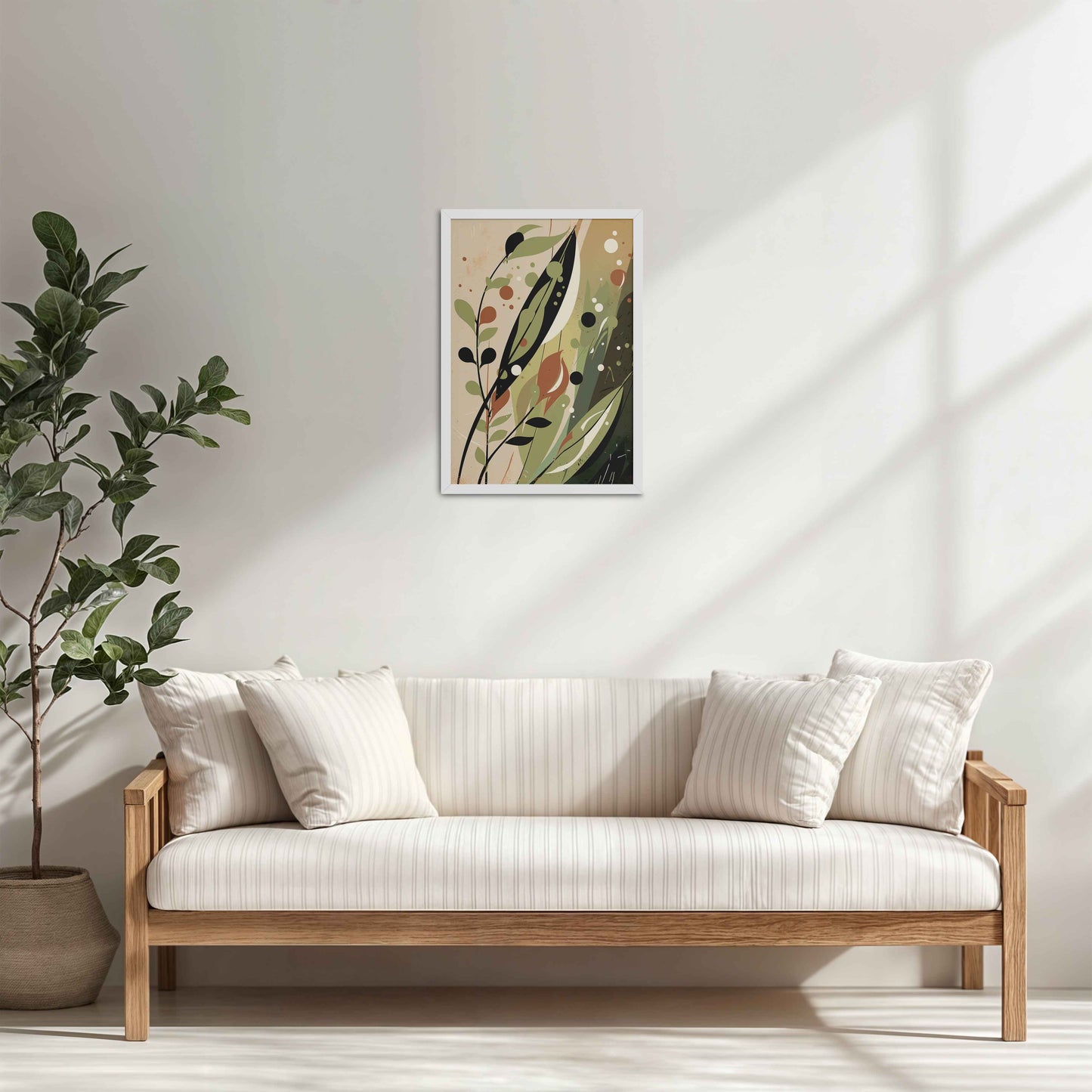 Living Room Cabinet Table Preview of Earthy Toned Leaves – Nature & Geometry Wall Art Framed in White Color Frame