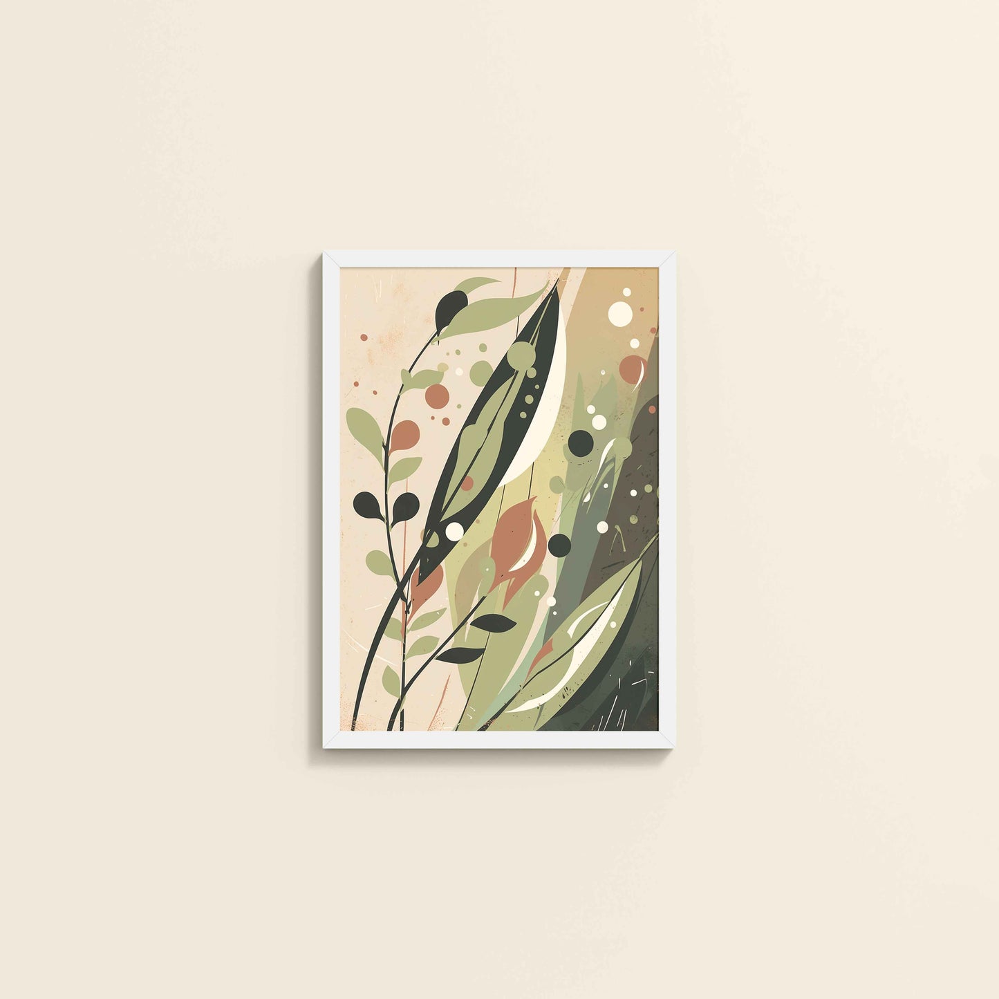 Wall View of Earthy Toned Leaves – Nature & Geometry Wall Art Framed in White Color Frame