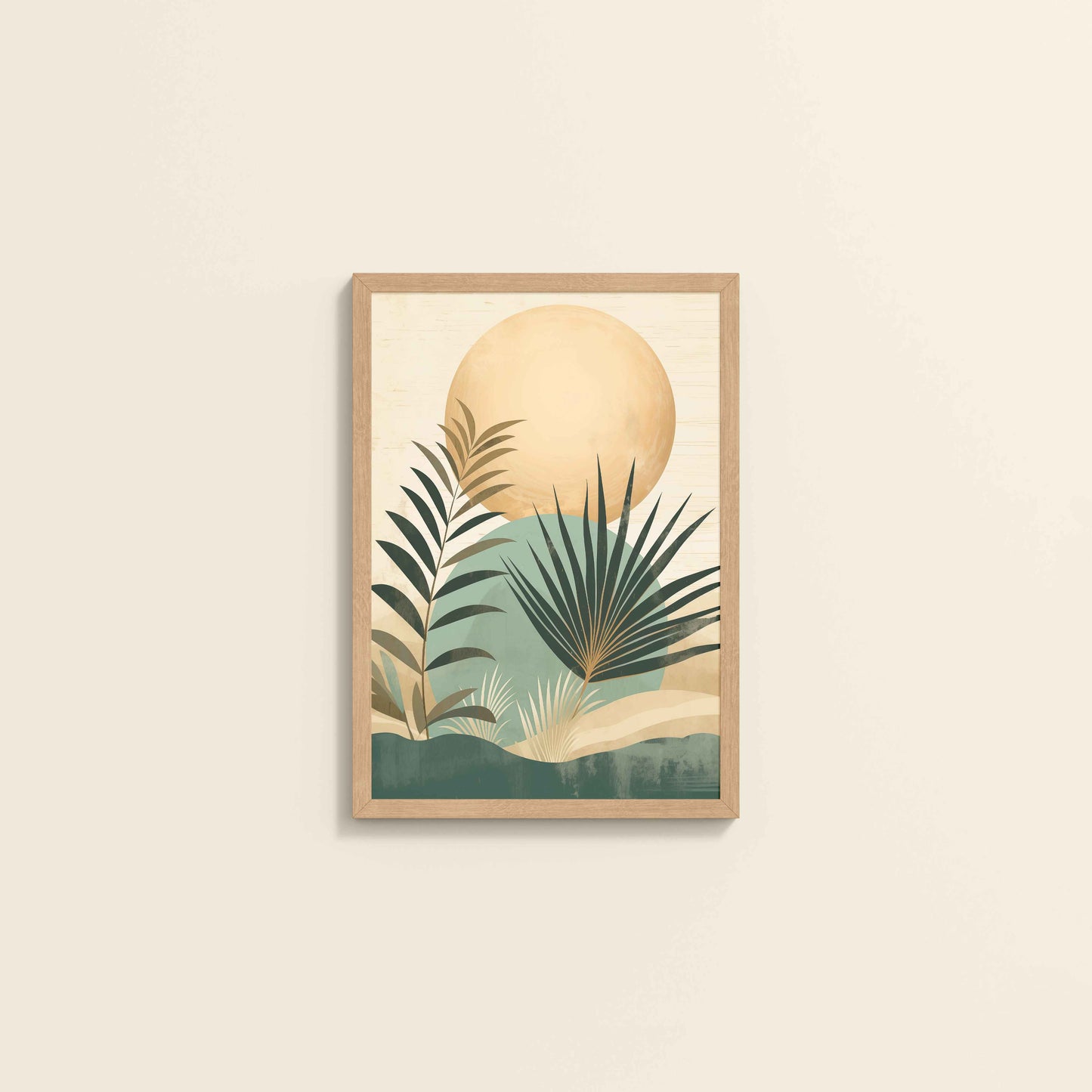 Wall View of Abstract Tropical Palm Leaves – Boho Framed Wall Art in Natrual Color Frame