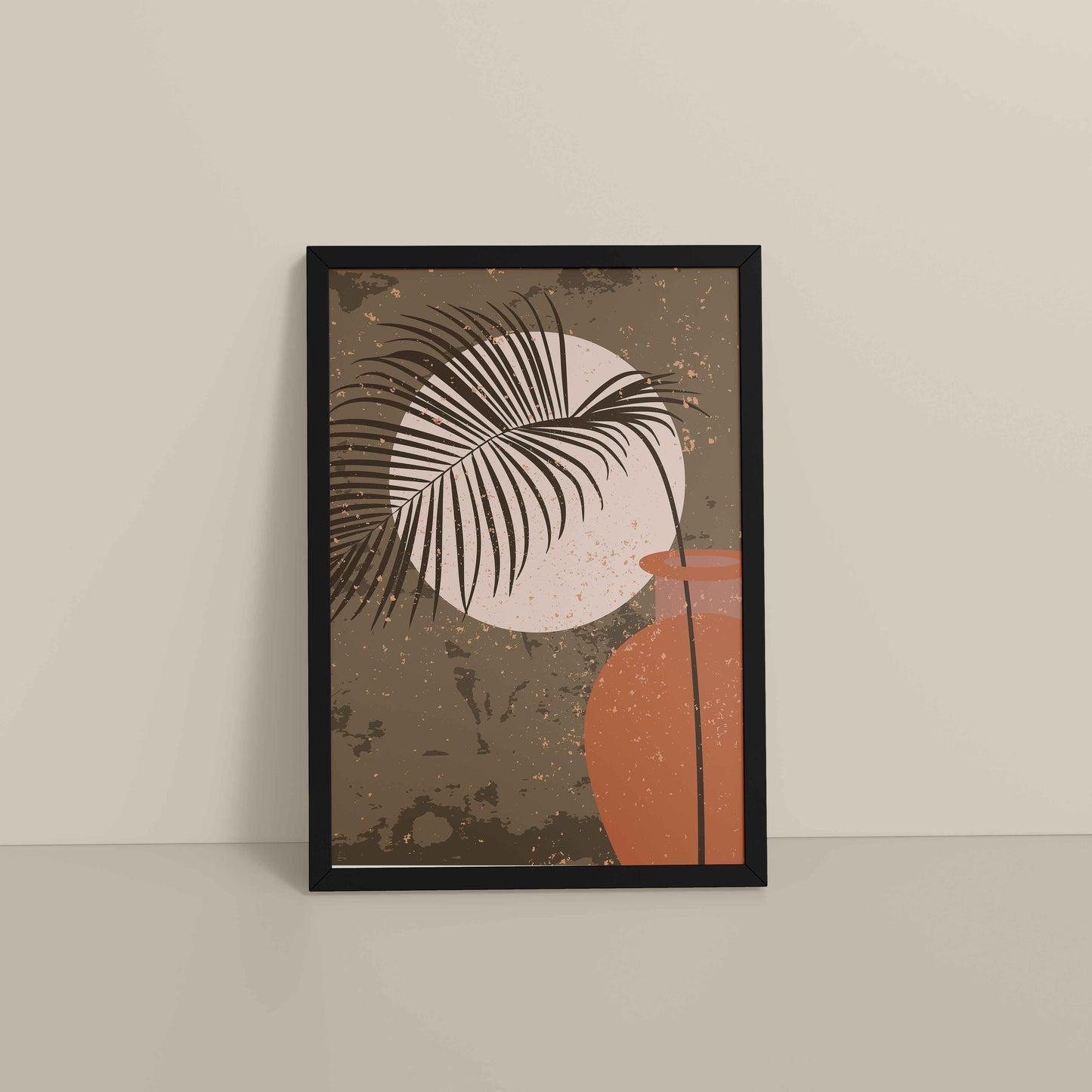 Floor View of Peaceful Moon Behind Tropical Leaves – Framed Boho Wall Art in Black Color Frame