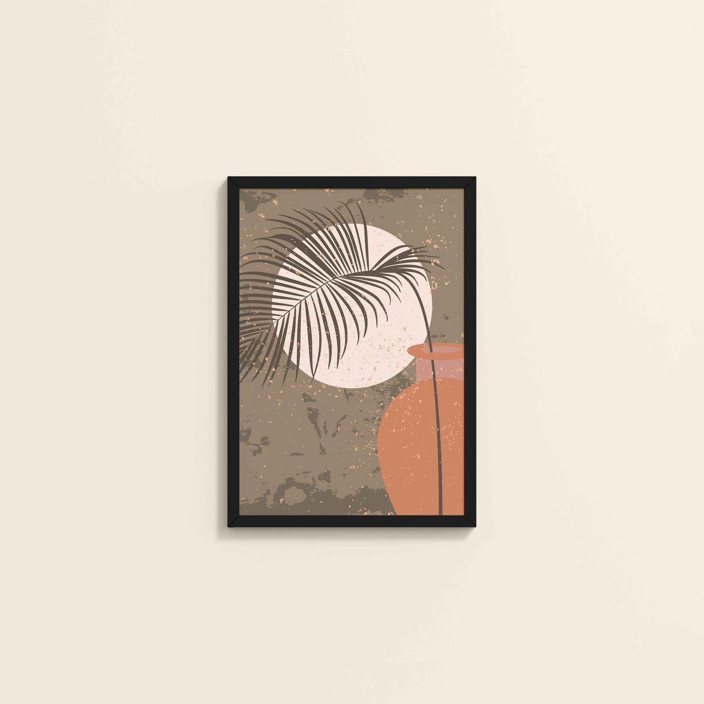 Wall View of Peaceful Moon Behind Tropical Leaves – Framed Boho Wall Art in Black Color Frame
