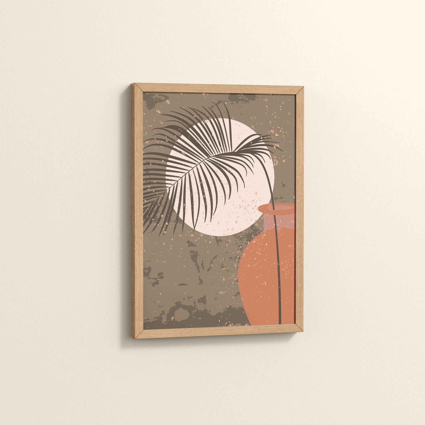 Side View of Peaceful Moon Behind Tropical Leaves – Framed Boho Wall Art in Natrual Color Frame