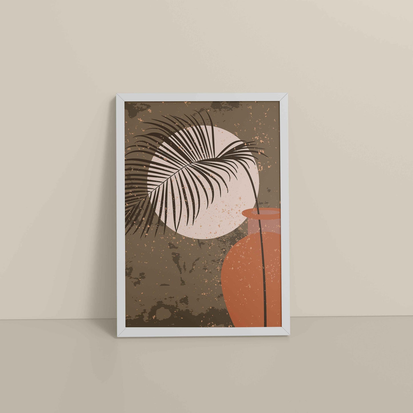 Floor View of Peaceful Moon Behind Tropical Leaves – Framed Boho Wall Art in White Color Frame