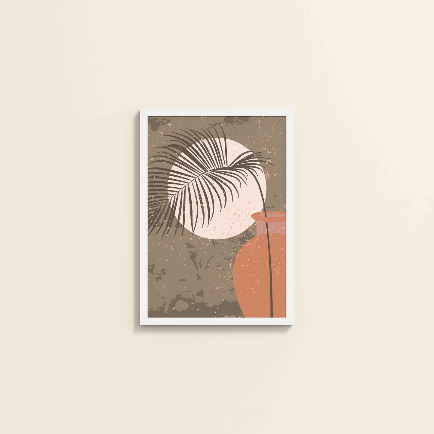 Wall View of Peaceful Moon Behind Tropical Leaves – Framed Boho Wall Art in White Color Frame