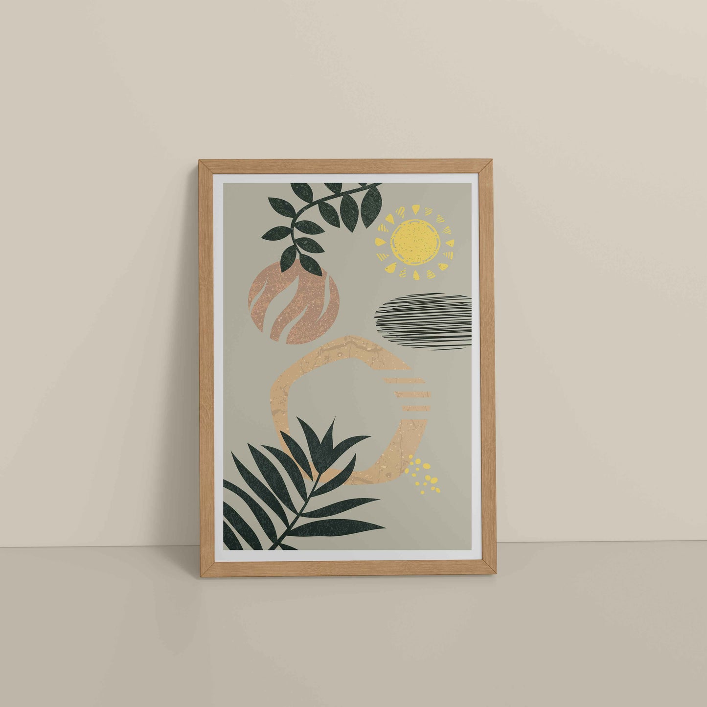 Floor View of Modern Boho Abstract Wall Art – Framed Painting in Natrual Color Frame