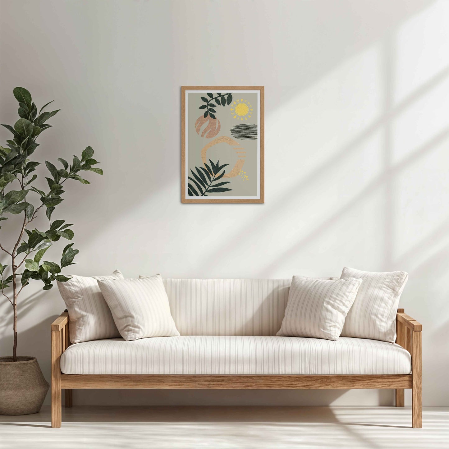 Living Room Cabinet Table Preview of Modern Boho Abstract Wall Art – Framed Painting in Natrual Color Frame