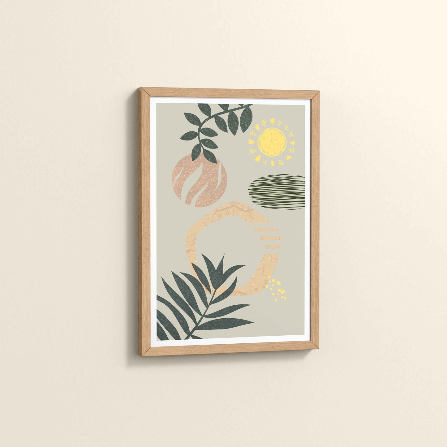 Side View of Modern Boho Abstract Wall Art – Framed Painting in Natrual Color Frame