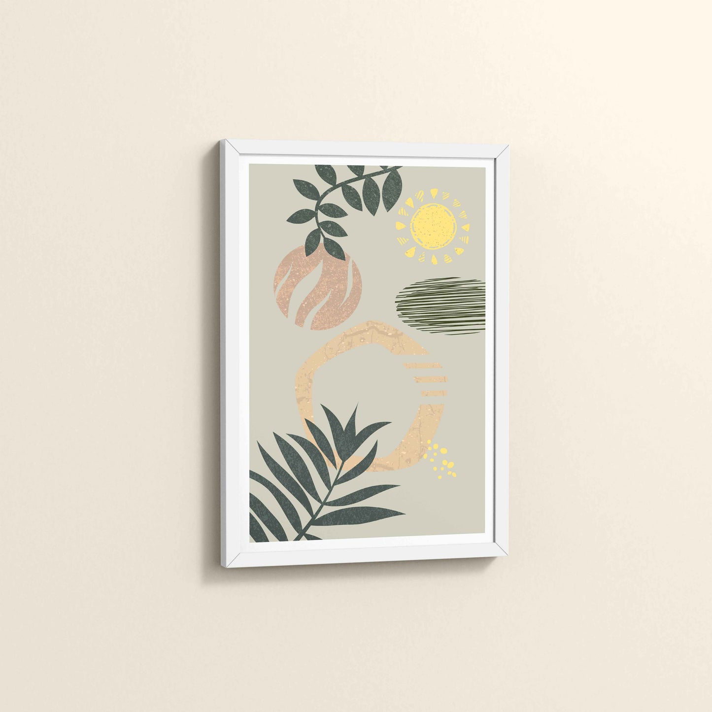 Side View of Modern Boho Abstract Wall Art – Framed Painting in White Color Frame