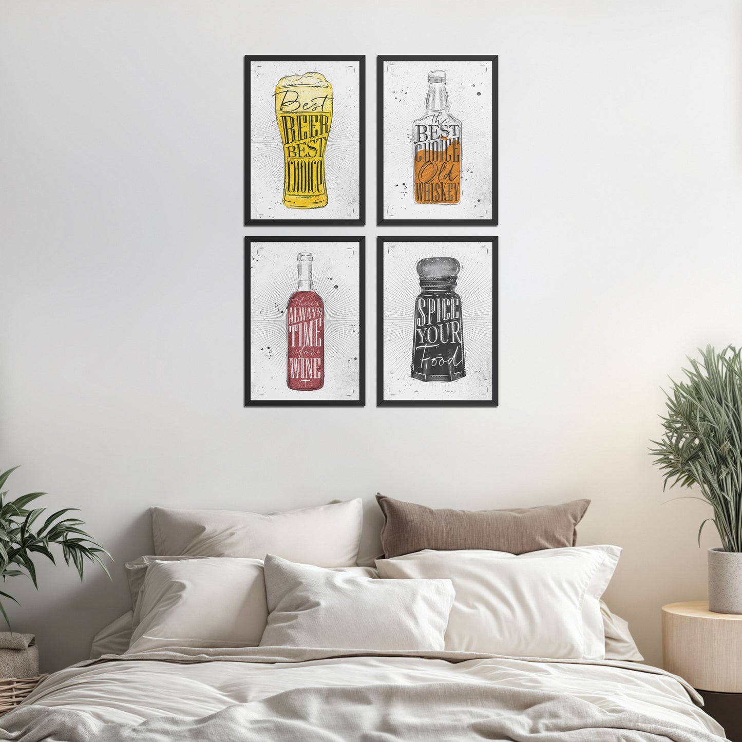 Bed Room Preview of Drink Up – Modern Rustic Bar Art Set of 4 Prints in Black Color Frame