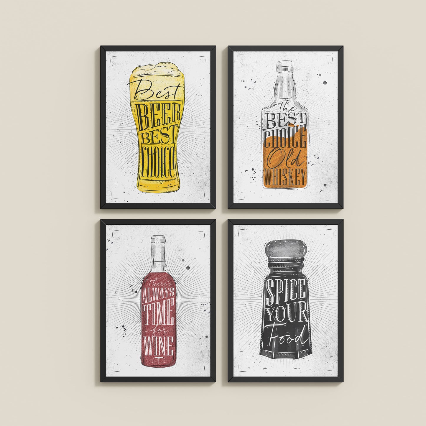 Wall View of Drink Up – Modern Rustic Bar Art Set of 4 Prints in Black Color Frame