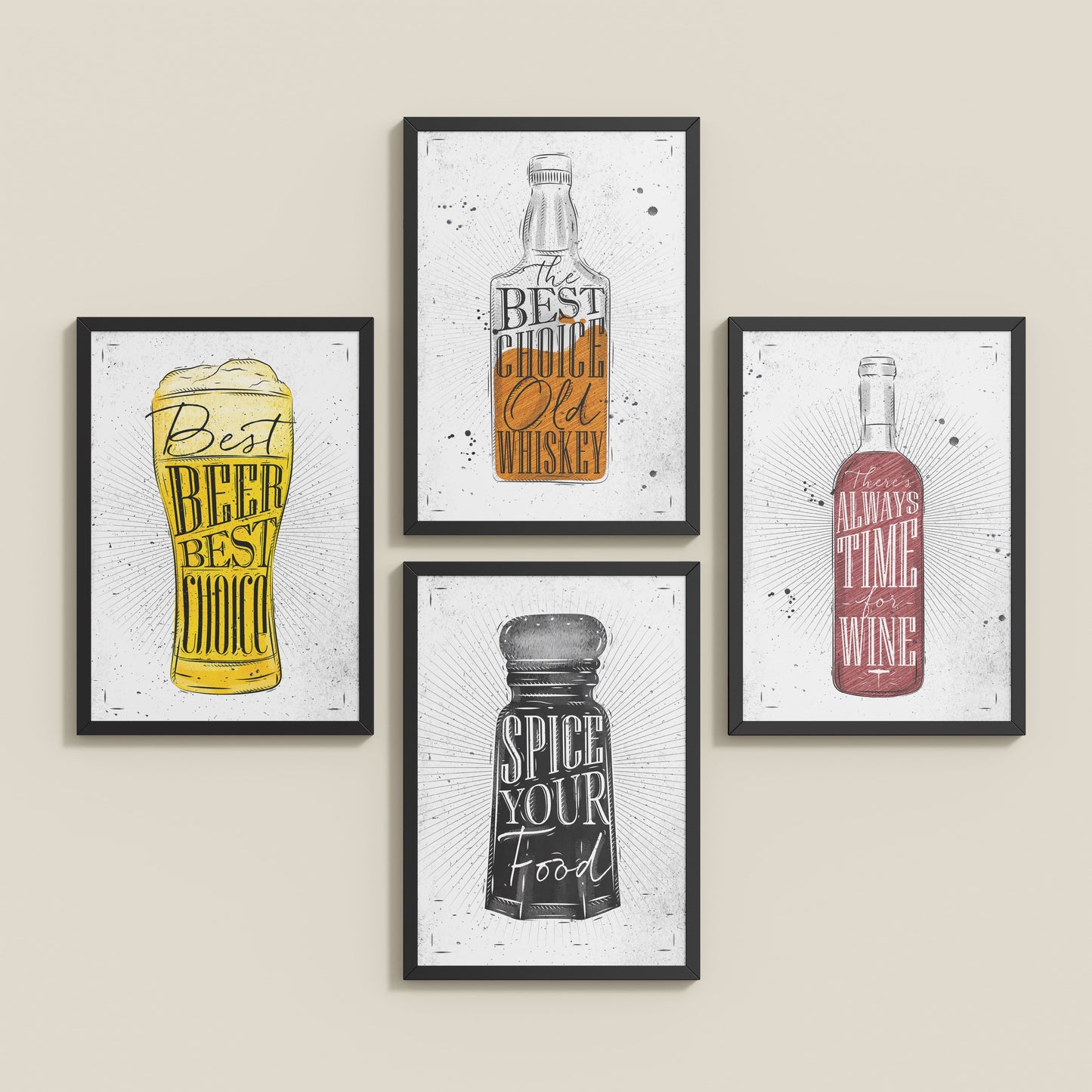Inclined Floor View of Drink Up – Modern Rustic Bar Art Set of 4 Prints in Black Color Frame