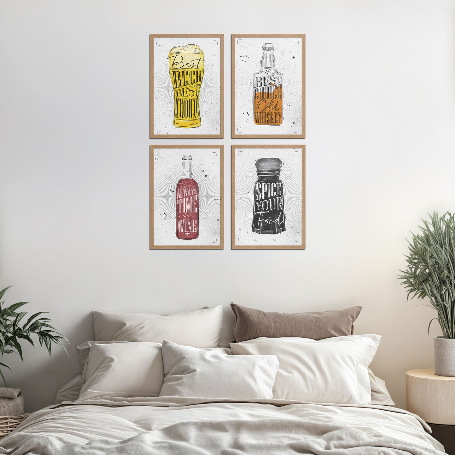 Bed Room Preview of Drink Up – Modern Rustic Bar Art Set of 4 Prints in Natrual Color Frame