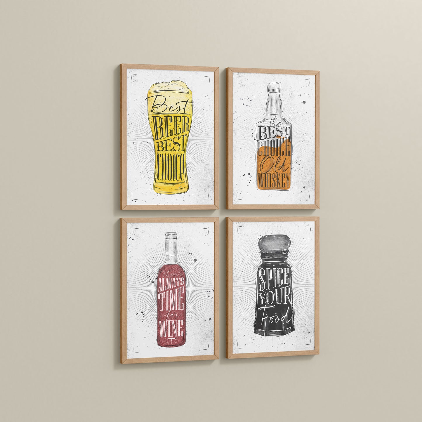 Side View of Drink Up – Modern Rustic Bar Art Set of 4 Prints in Natrual Color Frame
