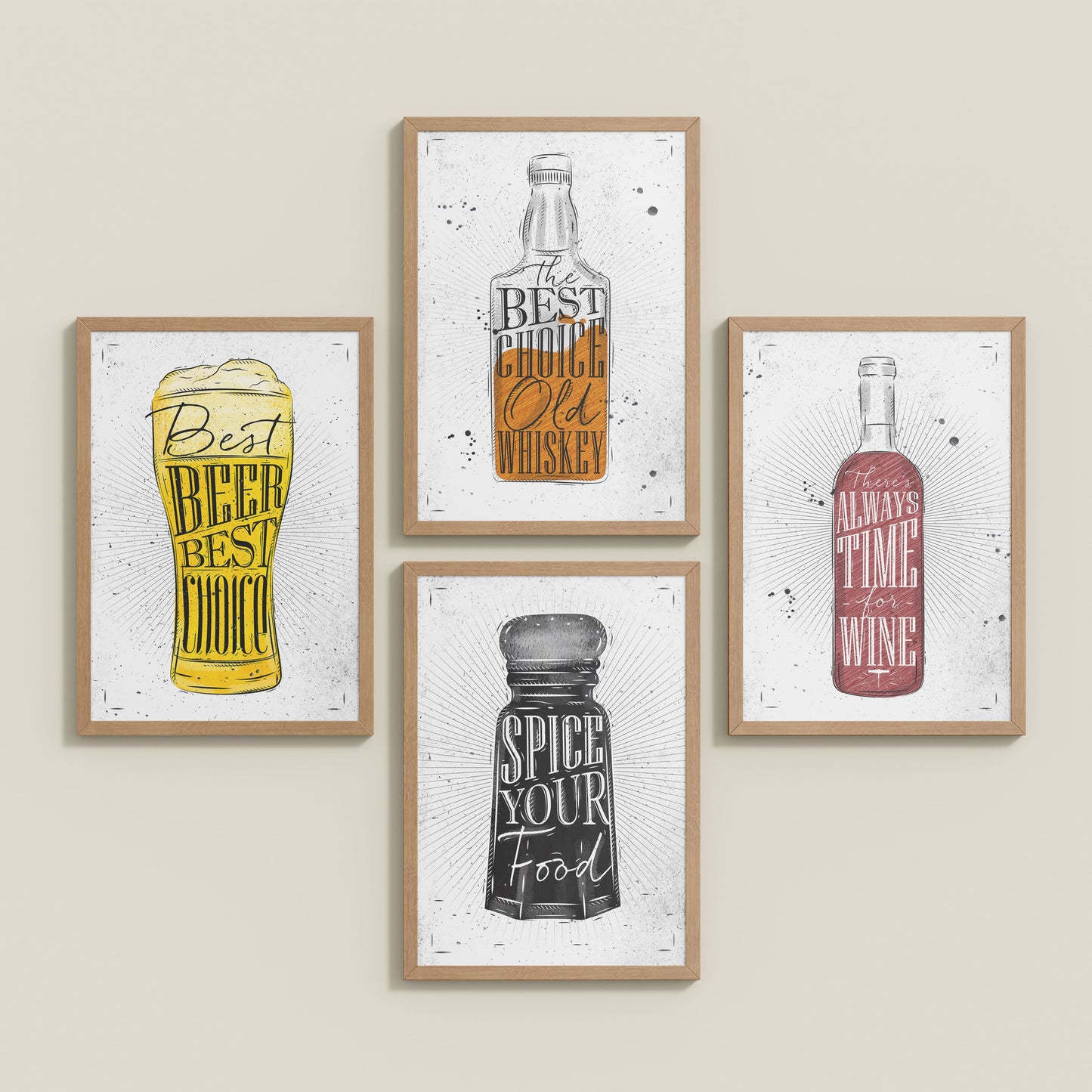 Inclined Floor View of Drink Up – Modern Rustic Bar Art Set of 4 Prints in Natrual Color Frame