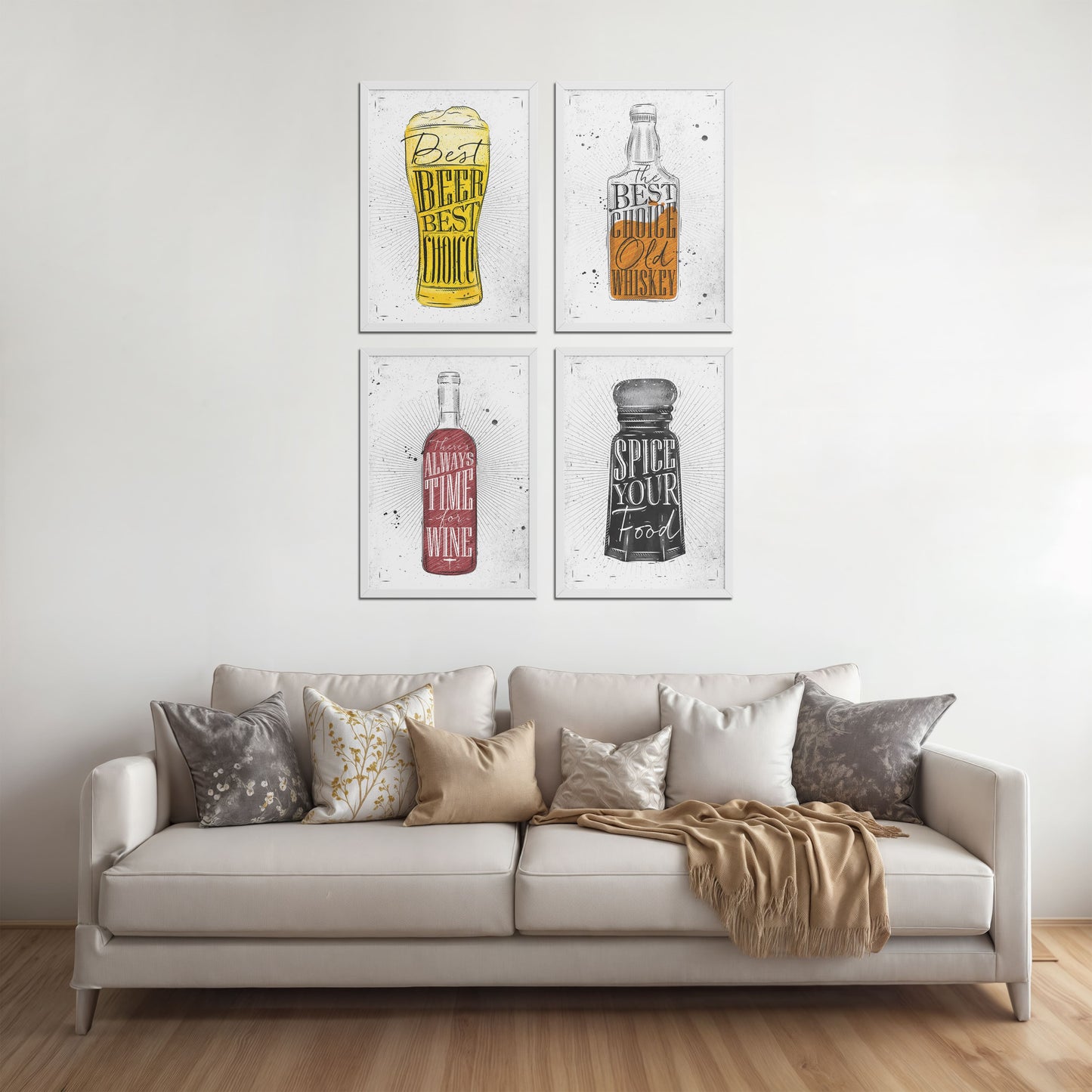 Living Room Sofa Preview of Drink Up – Modern Rustic Bar Art Set of 4 Prints in White Color Frame