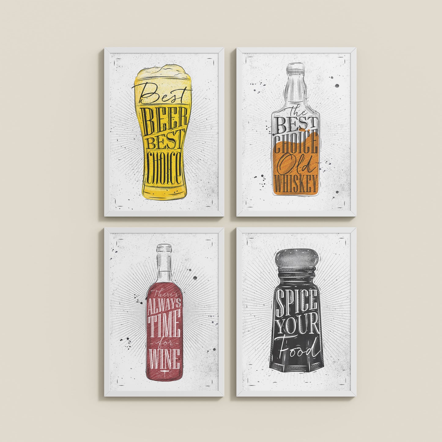 Wall View of Drink Up – Modern Rustic Bar Art Set of 4 Prints in White Color Frame