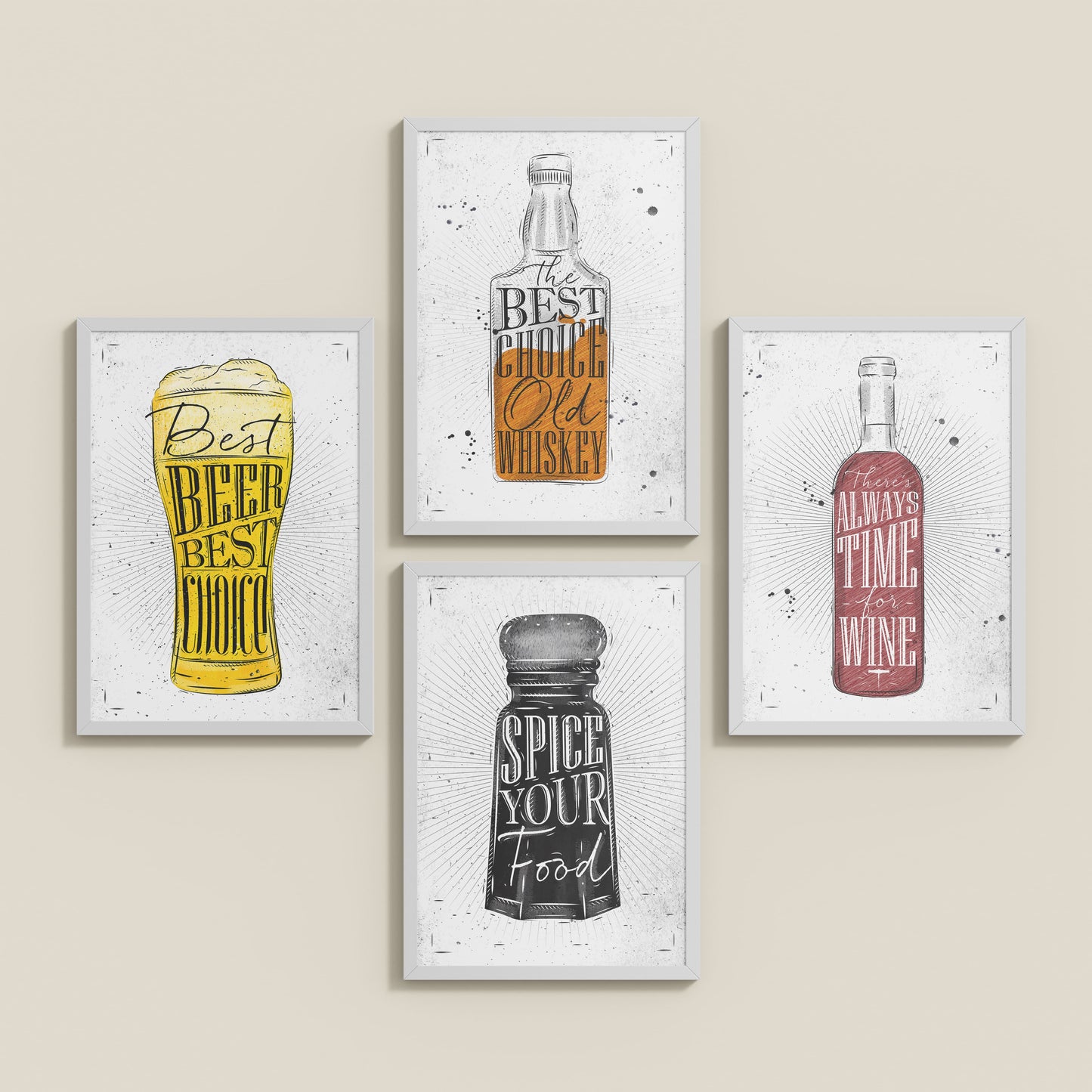 Inclined Floor View of Drink Up – Modern Rustic Bar Art Set of 4 Prints in White Color Frame