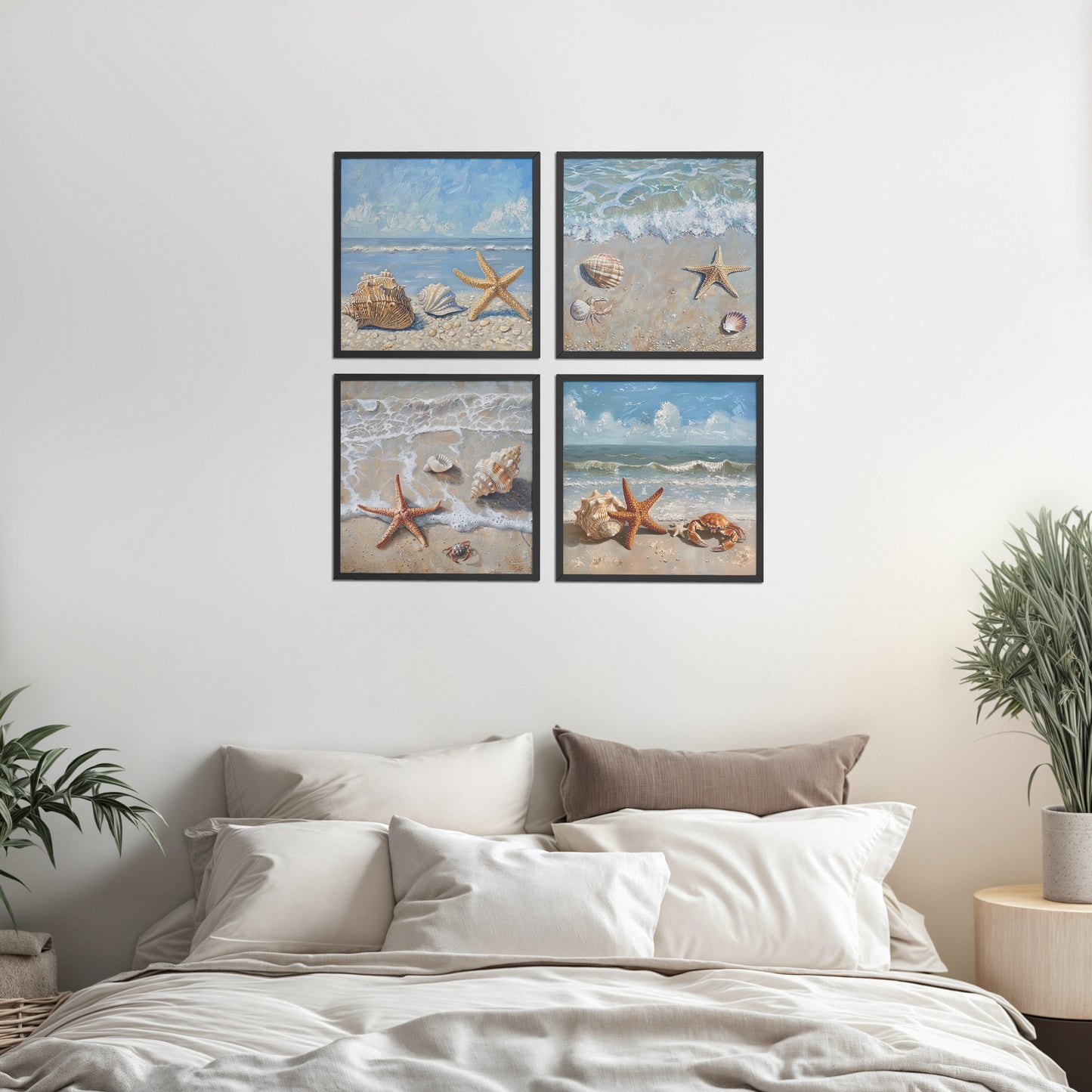 Bed Room Preview of Beach Bliss – Seascape Wall Art Set of 4 Frames in Black Color Frame
