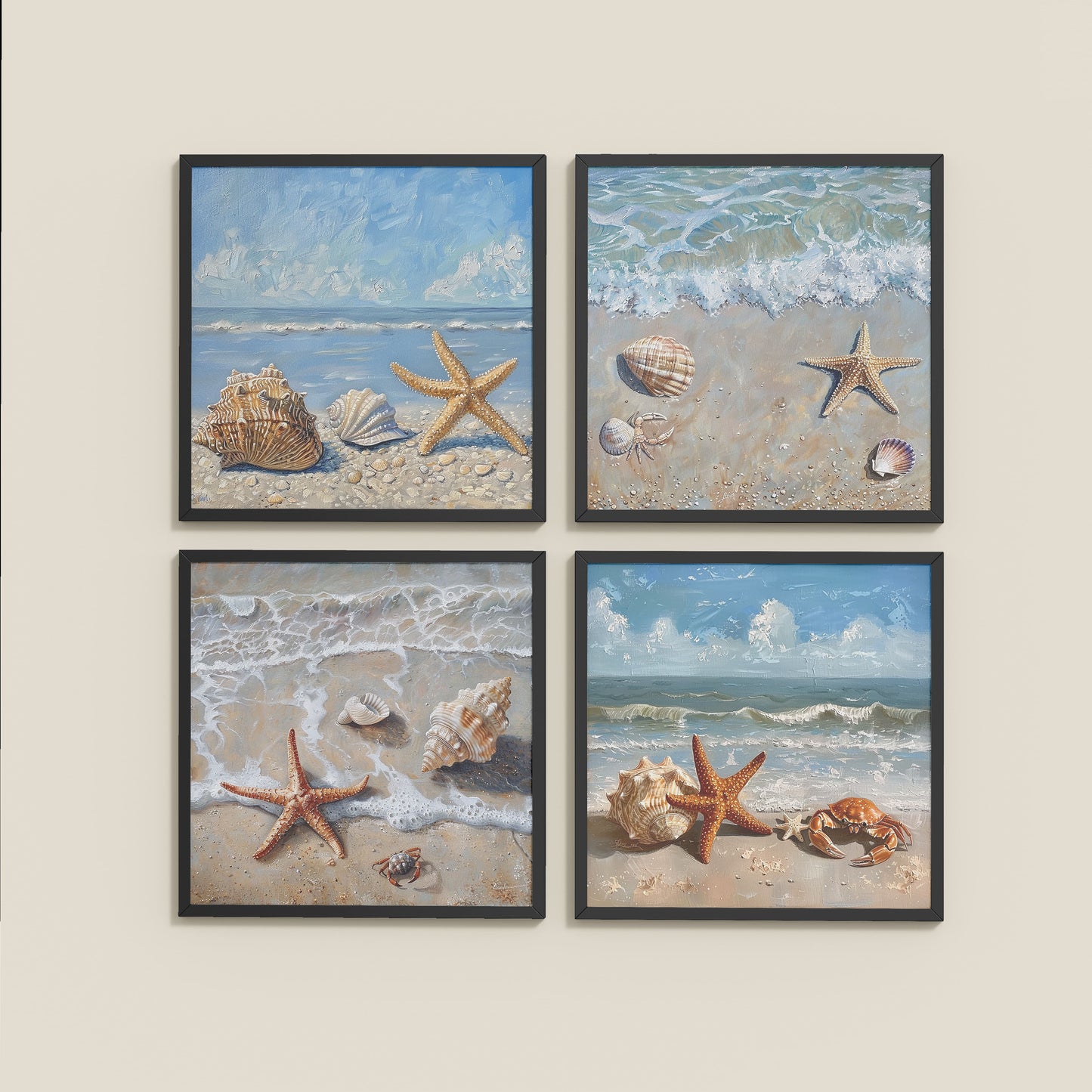 Wall View of Beach Bliss – Seascape Wall Art Set of 4 Frames in Black Color Frame