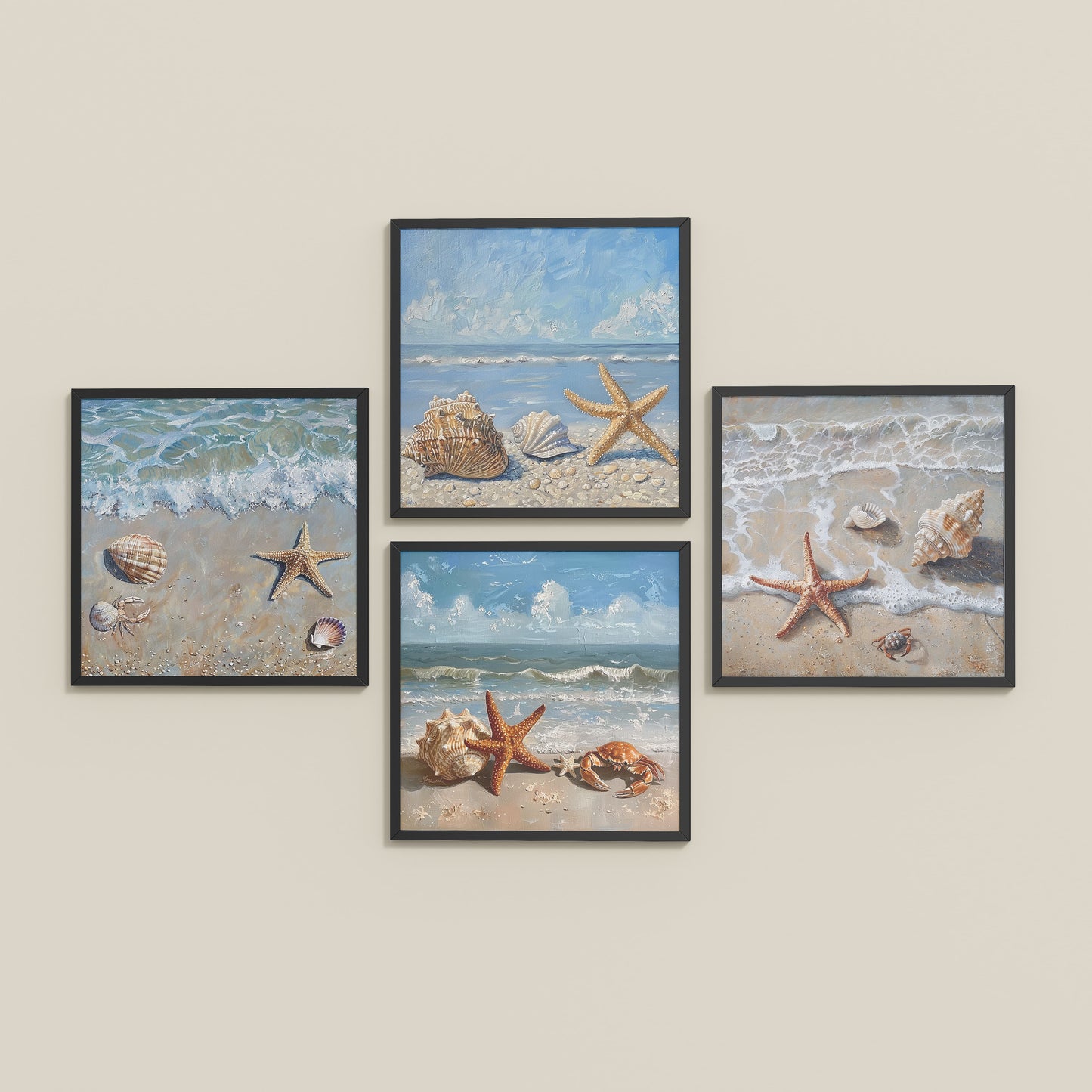 Inclined Floor View of Beach Bliss – Seascape Wall Art Set of 4 Frames in Black Color Frame