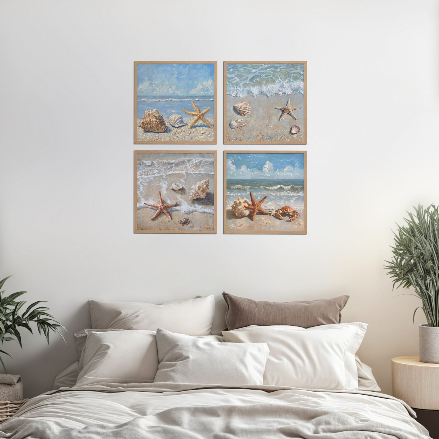 Bed Room Preview of Beach Bliss – Seascape Wall Art Set of 4 Frames in Natrual Color Frame