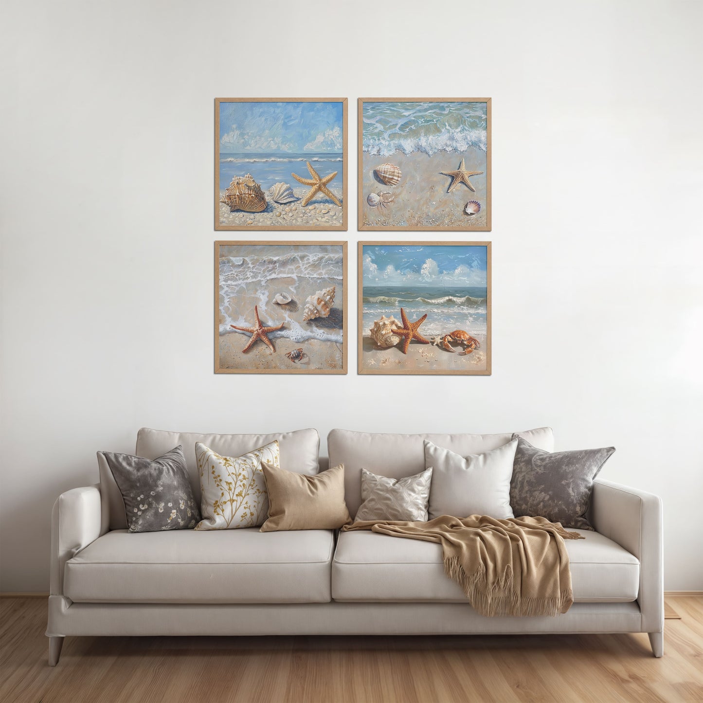 Living Room Sofa Preview of Beach Bliss – Seascape Wall Art Set of 4 Frames in Natrual Color Frame