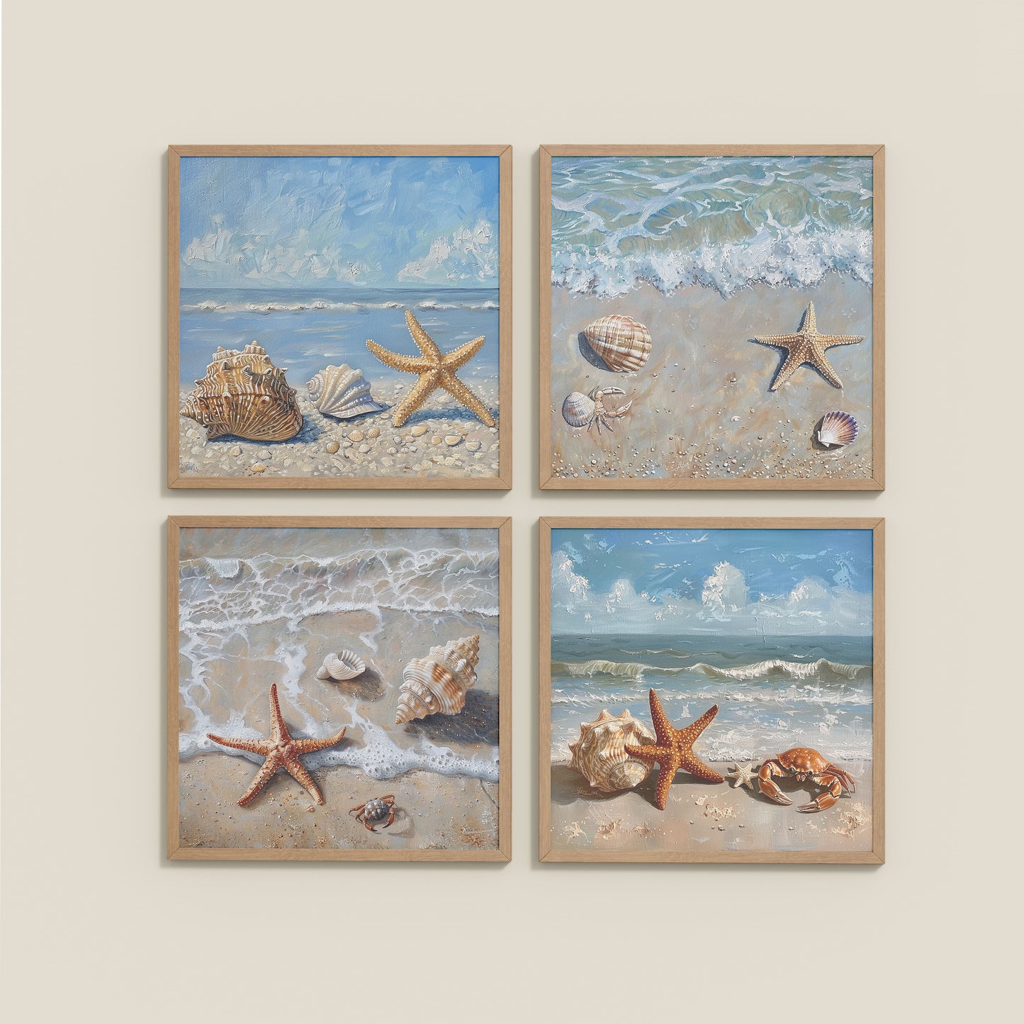 Wall View of Beach Bliss – Seascape Wall Art Set of 4 Frames in Natrual Color Frame