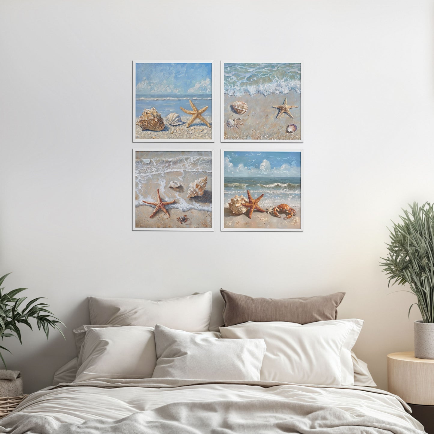 Bed Room Preview of Beach Bliss – Seascape Wall Art Set of 4 Frames in White Color Frame