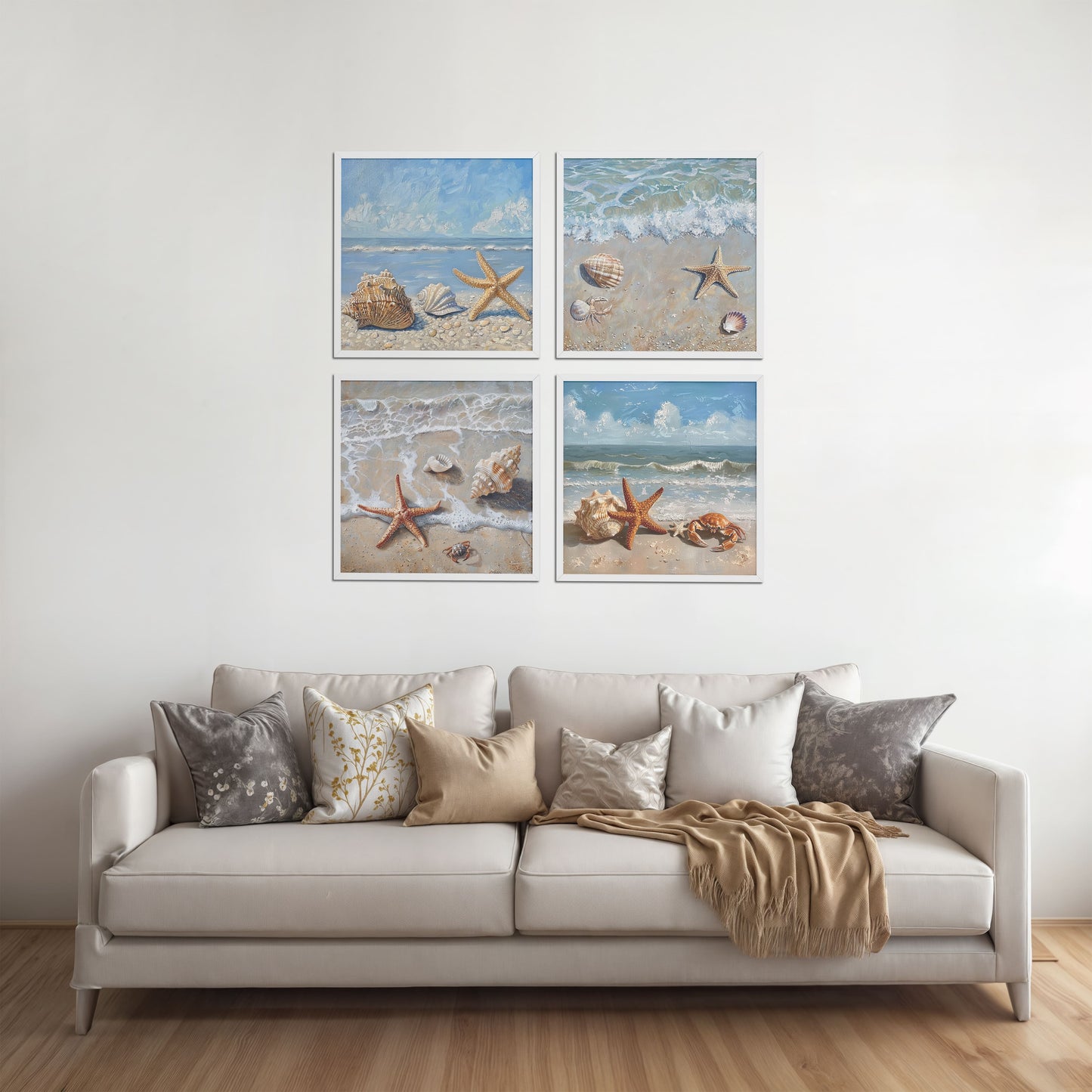 Living Room Sofa Preview of Beach Bliss – Seascape Wall Art Set of 4 Frames in White Color Frame