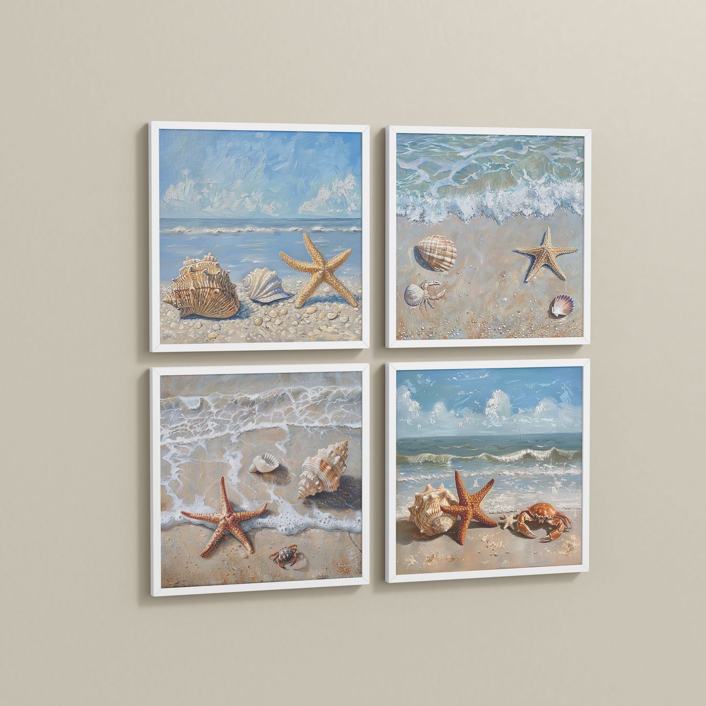 Side View of Beach Bliss – Seascape Wall Art Set of 4 Frames in White Color Frame