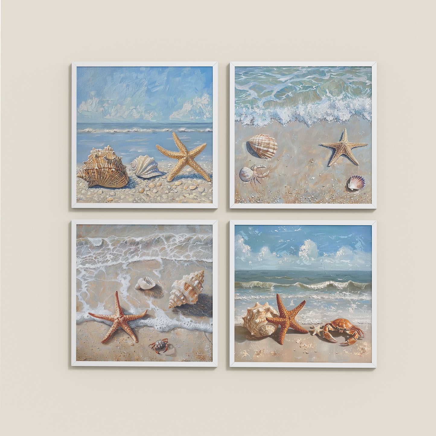 Wall View of Beach Bliss – Seascape Wall Art Set of 4 Frames in White Color Frame