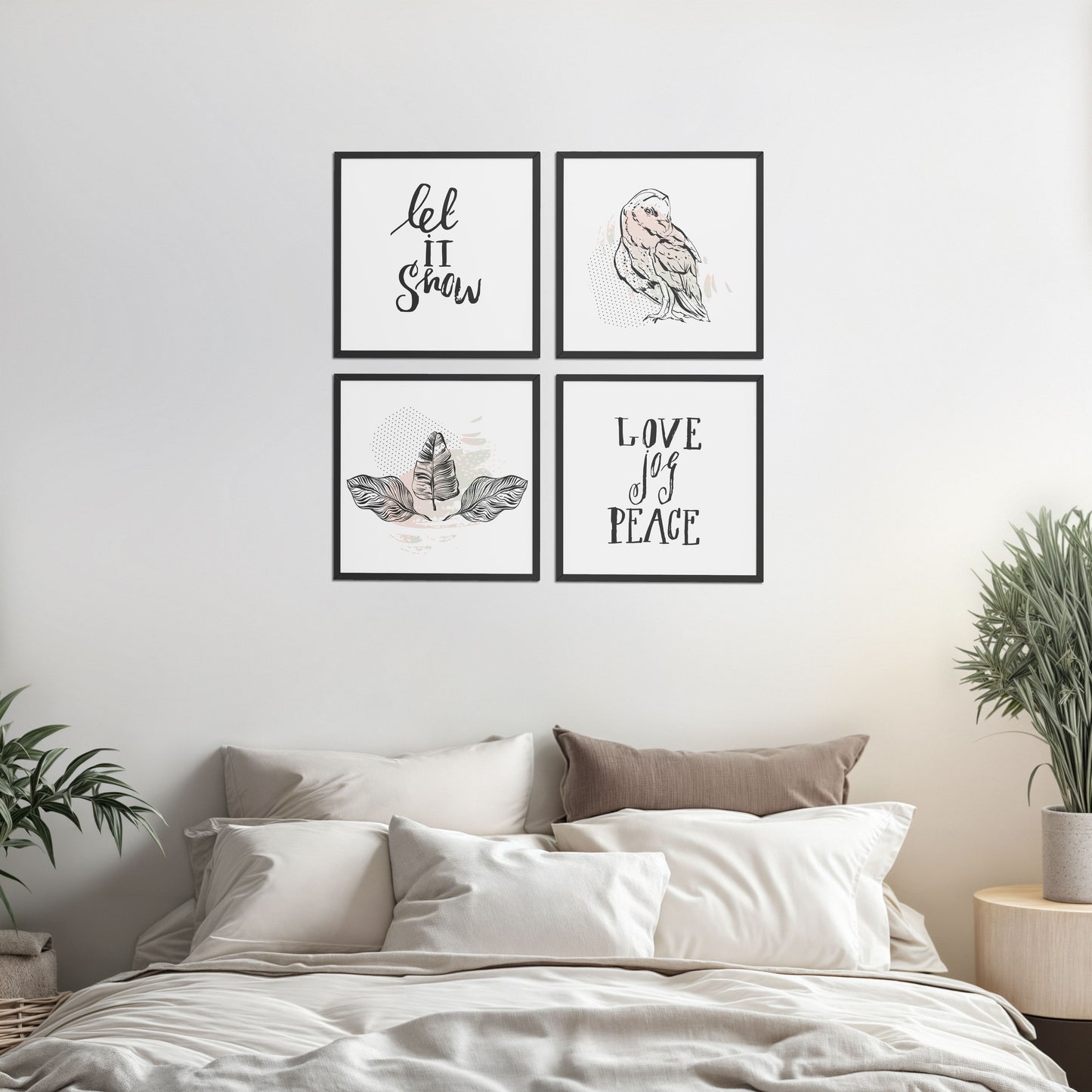Bed Room Preview of Love, Joy & Peace – Inspirational Wall Art Frame Set of 4 in Black Color Frame